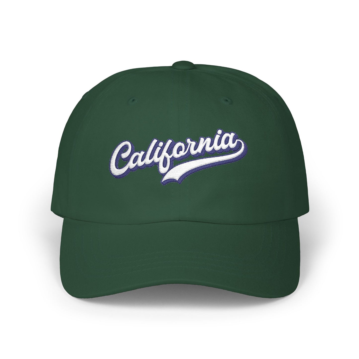 A dark green baseball cap featuring the word 'California' embroidered in white script with a purple outline on the front, set against a plain white background. Minimalist California Typography Embroidered Classic Dad Cap