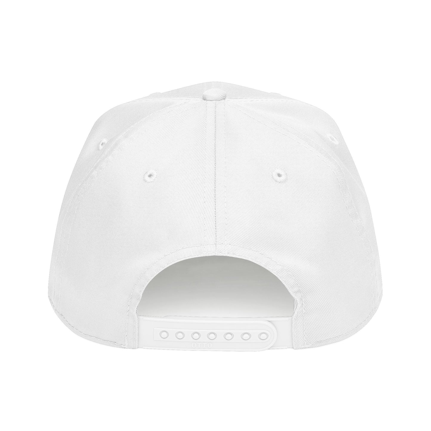 The back view of a plain white snapback cap on a solid white background. Minimalist Futuristic Y2k Streetwear Typography Baseball Cap