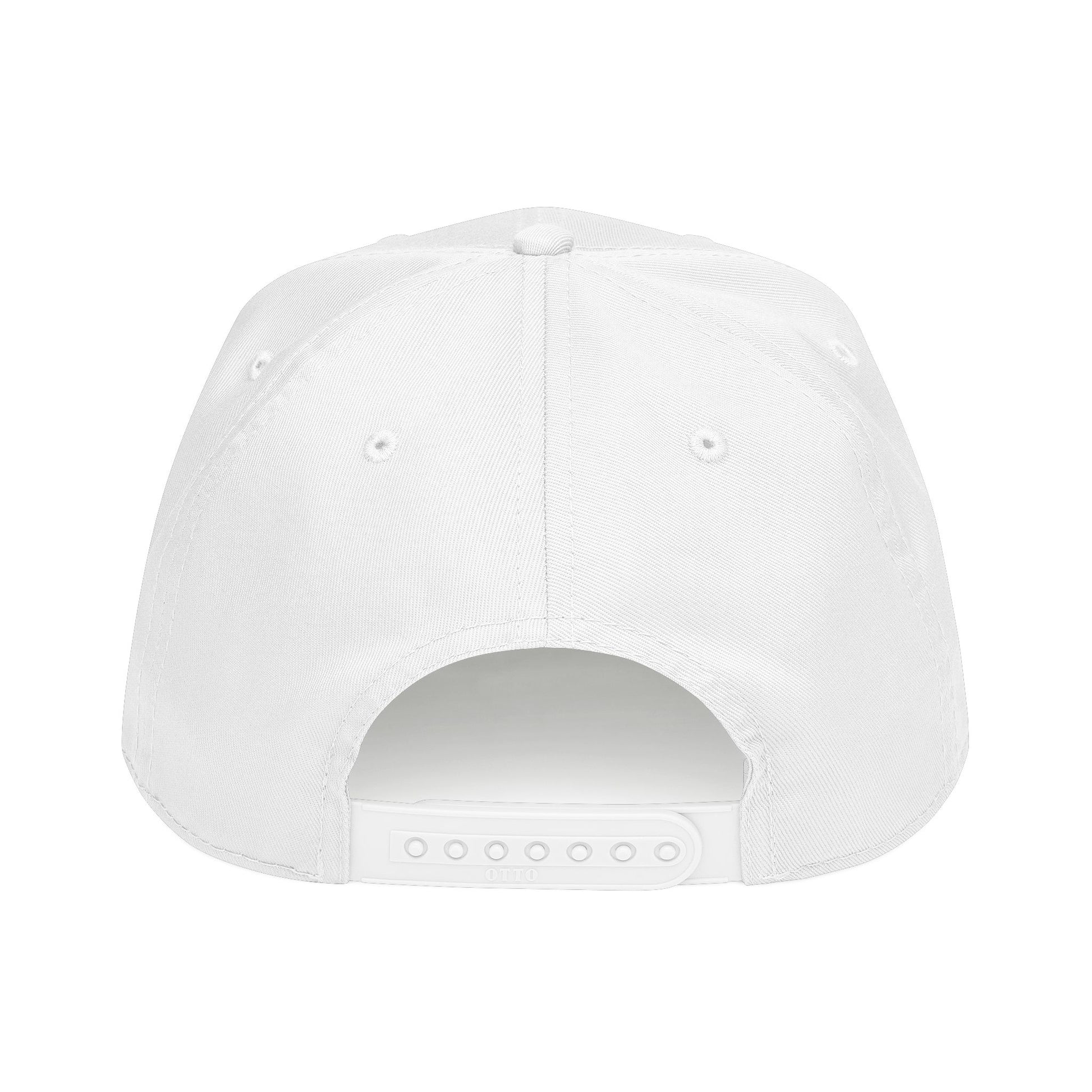 The back view of a plain white snapback cap on a solid white background. Minimalist Futuristic Y2k Streetwear Typography Baseball Cap