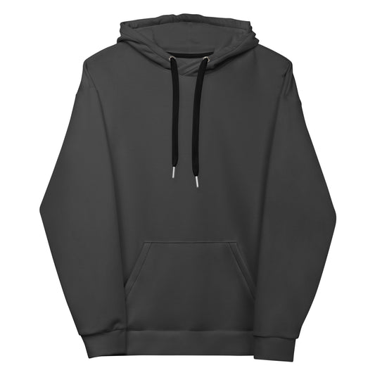 A dark gray pullover hoodie with black drawstrings and a front kangaroo pocket, shown against a plain white background. Minimalist Solid Jet Black Hoodie for Casual Wear