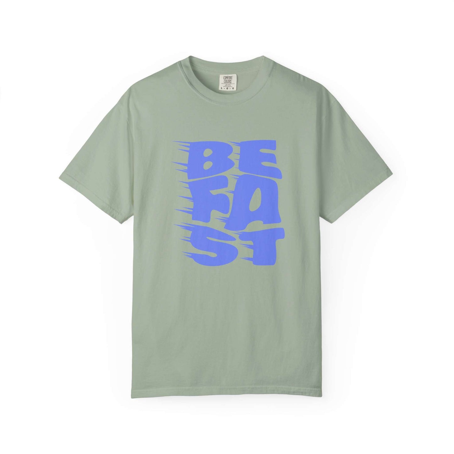 A sage green short-sleeve t-shirt with a bold blue graphic on the front reading 'BE FAST' in a stylized, motion-blurred font, displayed against a solid white background. Modern Bold Be Fast Typography Lettering Graphic T-Shirt Casual Wear