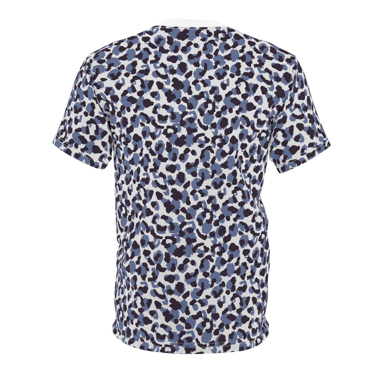 A short-sleeve crewneck t-shirt featuring an all-over abstract leopard print pattern in navy blue, slate blue, and black on a white background. Modern Bold Blue Leopard Print T-Shirt for Casual Wear