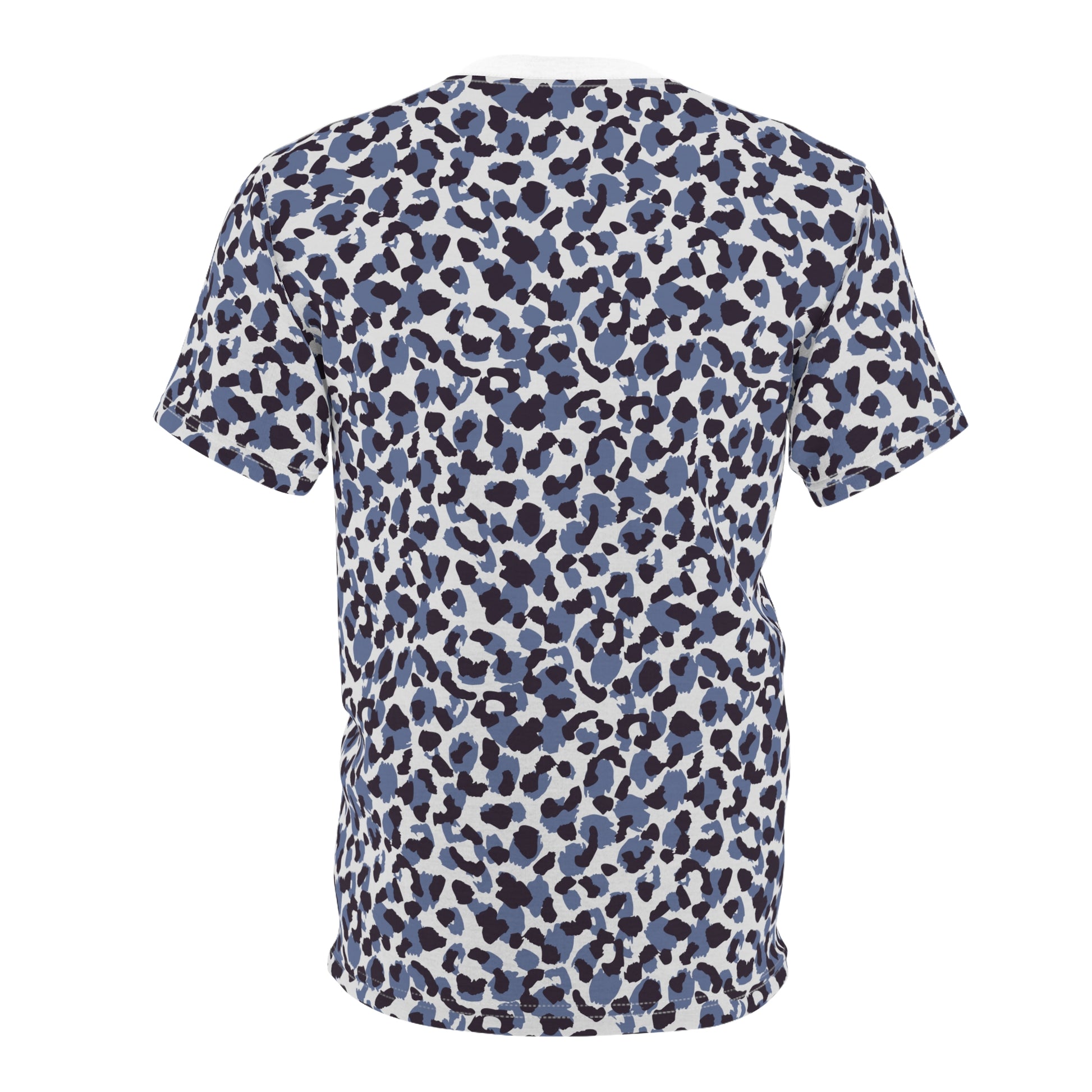 A short-sleeve crewneck t-shirt featuring an all-over abstract leopard print pattern in navy blue, slate blue, and black on a white background. Modern Bold Blue Leopard Print T-Shirt for Casual Wear