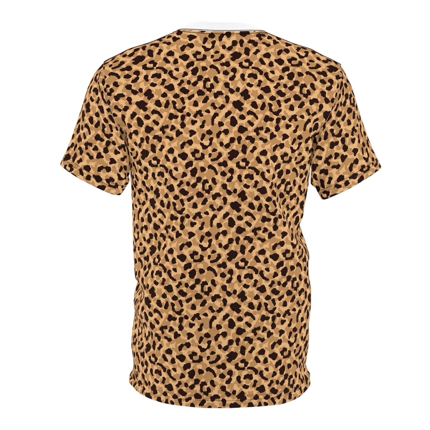 A short-sleeve crewneck t-shirt featuring an all-over leopard print pattern in tan and brown with black spots, shown against a plain white background. Modern Bold Brown Leopard Print T-Shirt for Casual Wear