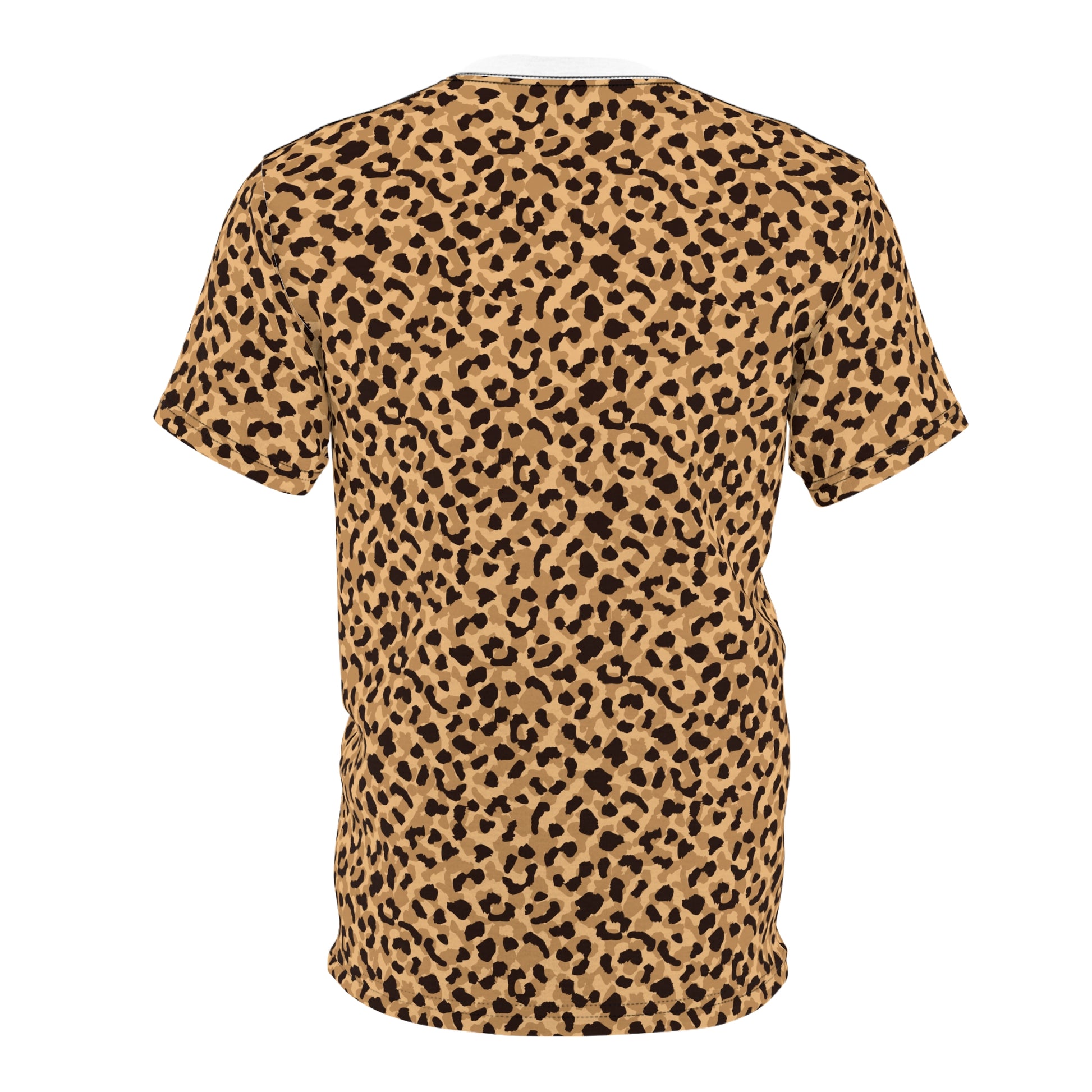 A short-sleeve crewneck t-shirt featuring an all-over leopard print pattern in tan and brown with black spots, shown against a plain white background. Modern Bold Brown Leopard Print T-Shirt for Casual Wear