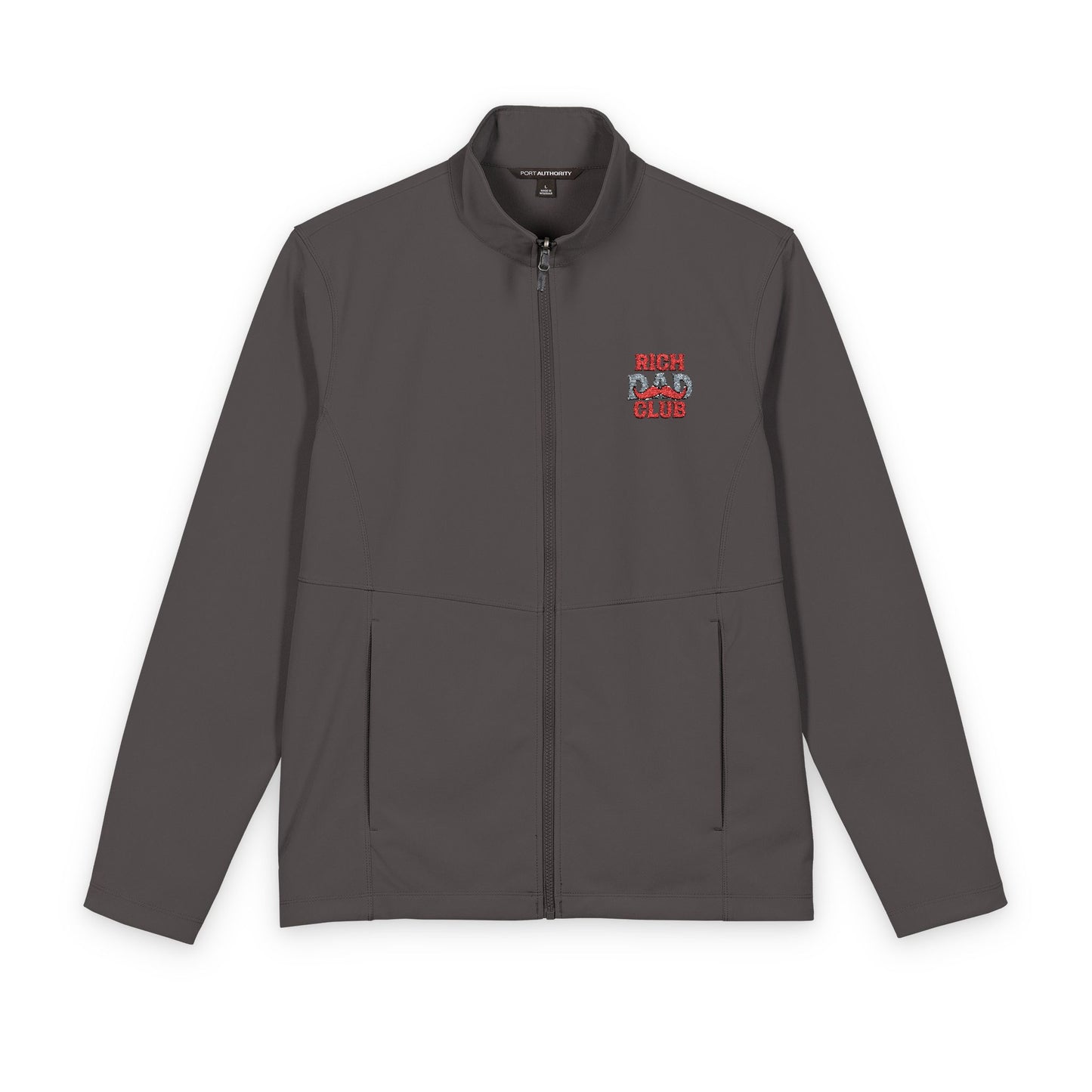 A dark gray zip-up jacket with a stand collar, featuring a small embroidered graphic on the left chest that reads 'RICH DAD CLUB' in red and blue, displayed on a clean white background.