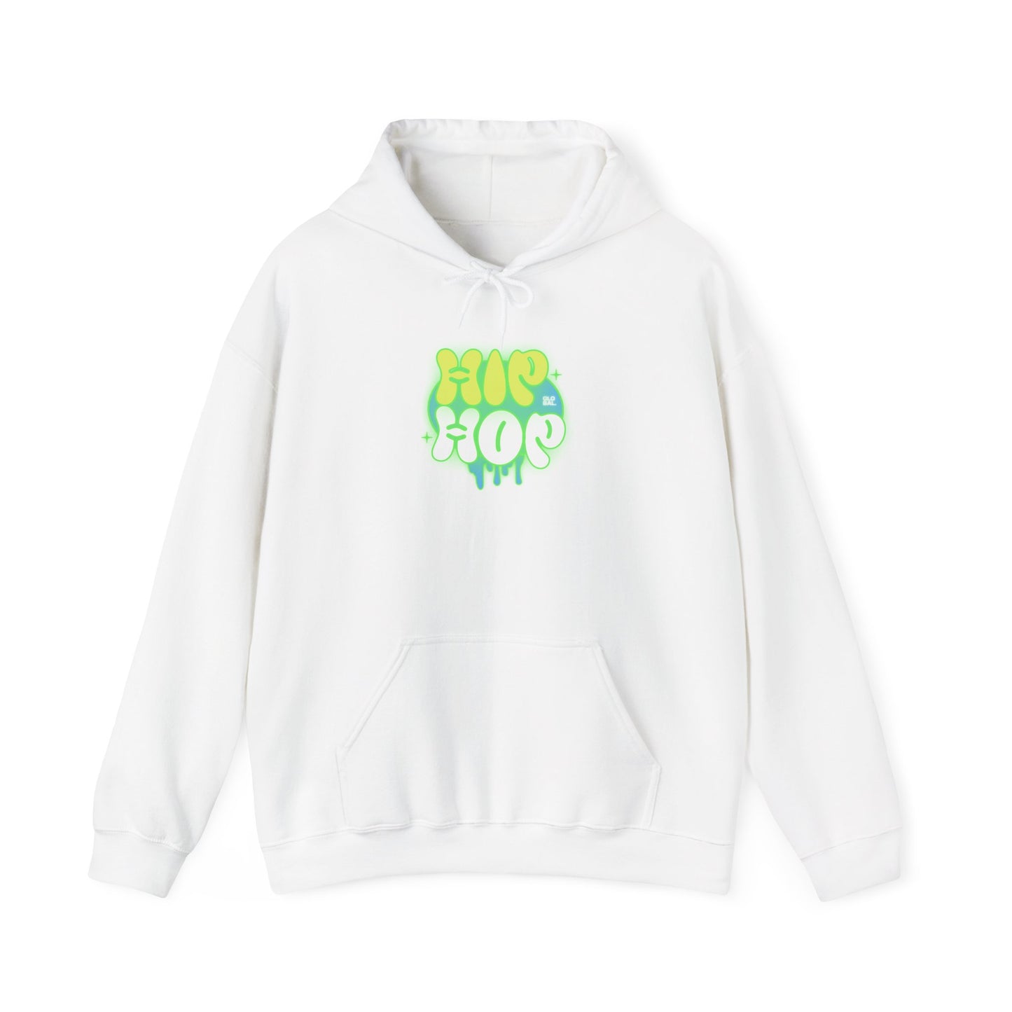 A white pullover hoodie with a colorful 'HIP HOP' graphic printed on the chest in shades of green and yellow, displayed on a clean white background. Modern Bold Graffiti Hip Hop Hoodie for Urban Fashion Lovers