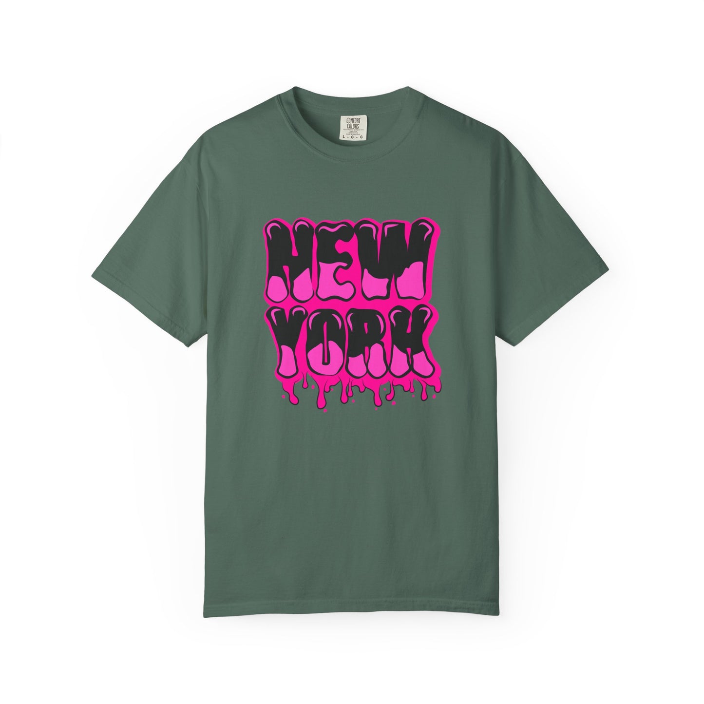 A dark green crewneck t-shirt featuring a vibrant pink and black dripping 'NEW YORK' graphic on the chest, displayed against a solid white background. Modern Bold Graffiti Lettering New York Typography T-Shirt for Casual Wear