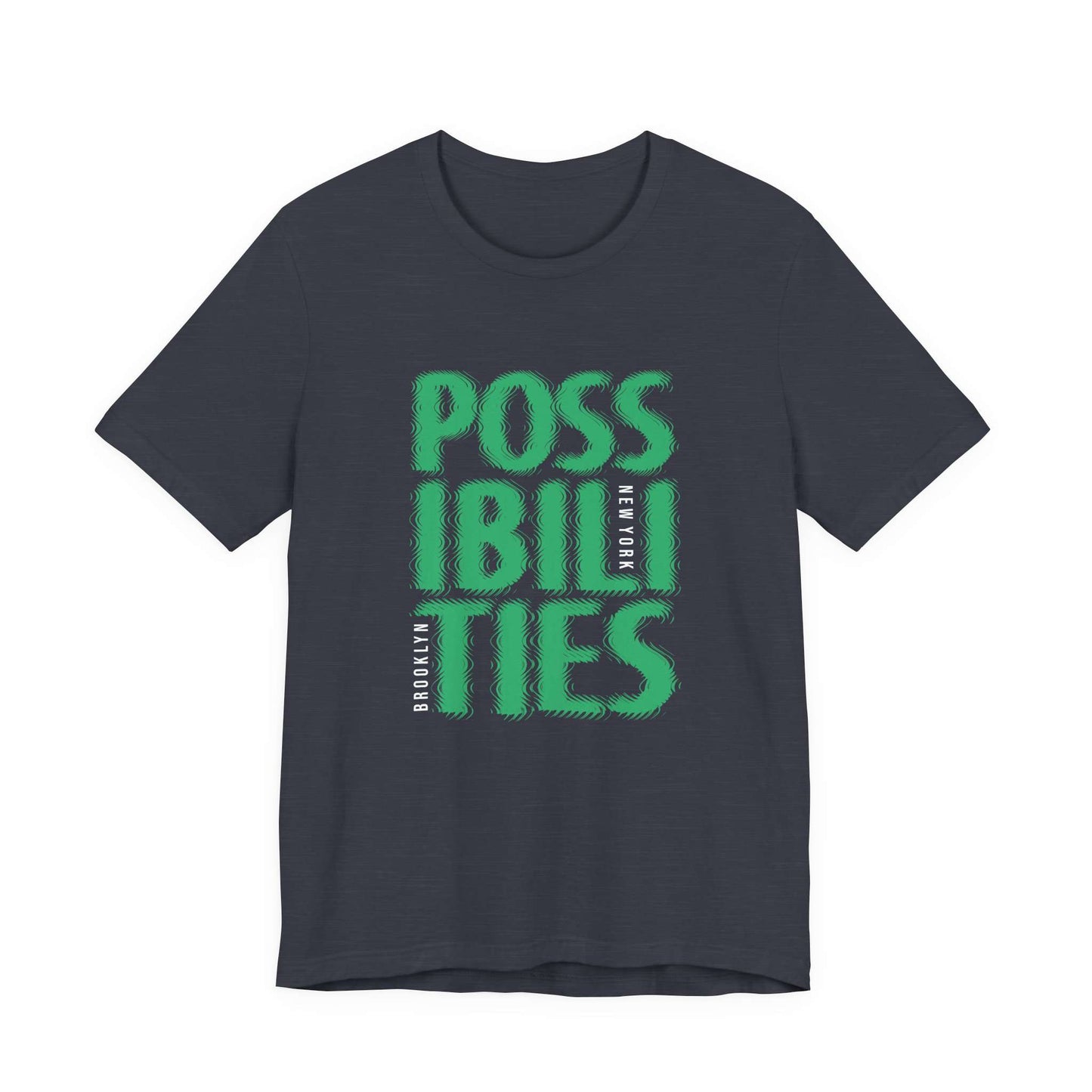 A black short-sleeve crewneck t-shirt featuring a bold green graphic print on the front that reads 'POSSIBILITIES' with 'NEW YORK' printed vertically in white. Modern Bold Possibilities New York City Brooklyn T-Shirt Casual Wear