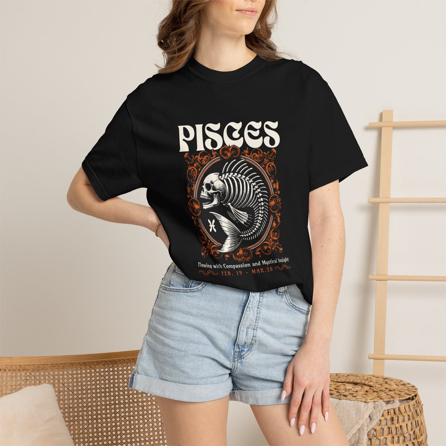 Modern Bold Zodiac Skull Pisces Sign T-Shirt for Casual Wear