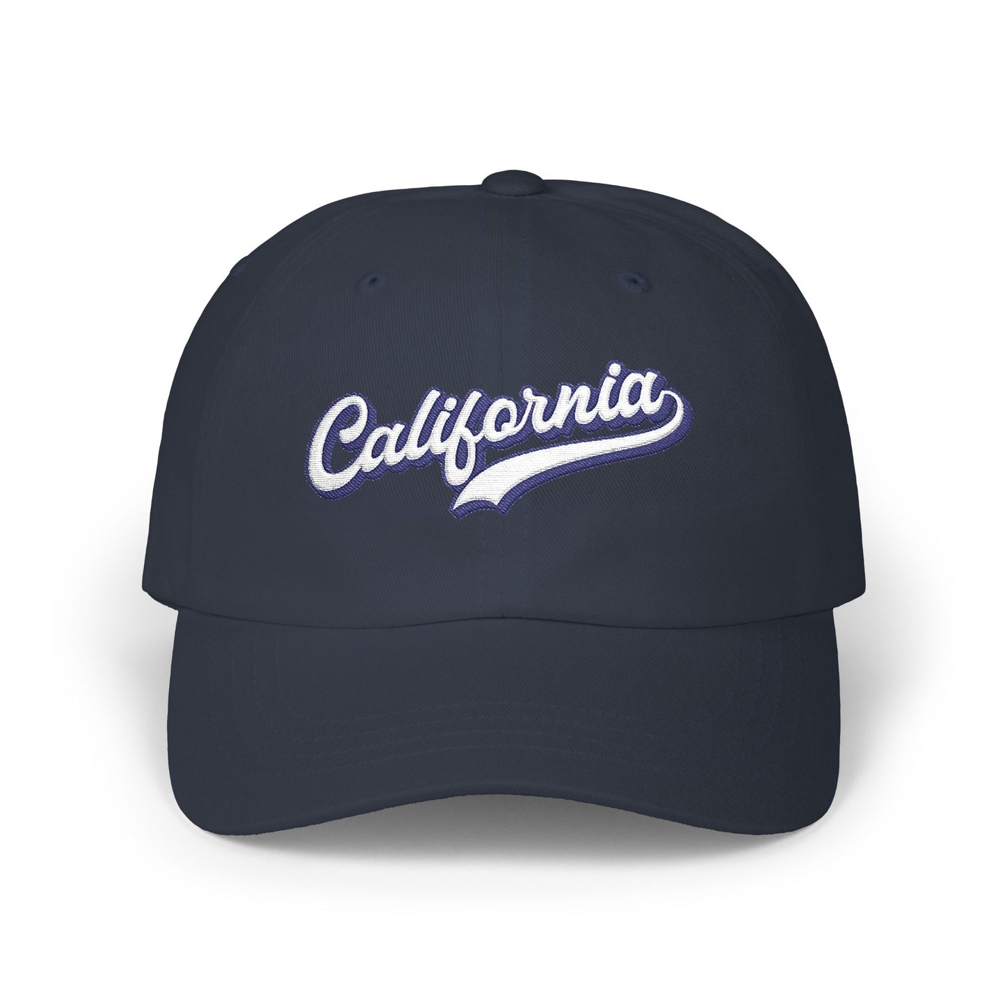 A navy blue baseball cap featuring 'California' embroidered in white script with a purple shadow effect on the front panel, set against a plain white background. Modern California Typography Embroidered Classic Dad Cap