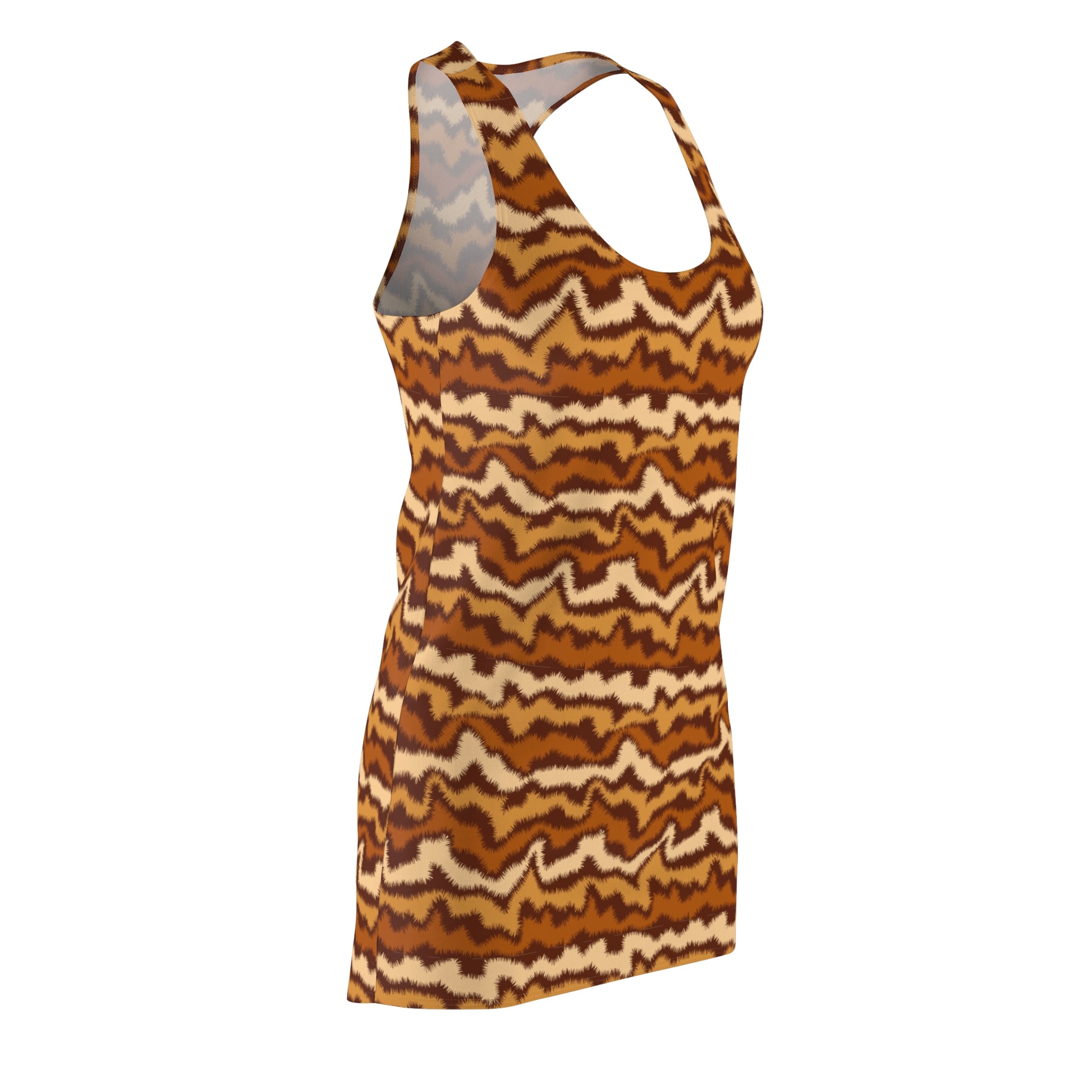 A sleeveless racerback tank top with an all-over wavy zigzag pattern in brown, tan, and cream, shown on a plain white background. Modern Chic Women's Summer Dress: Bold Brown Wave Pattern