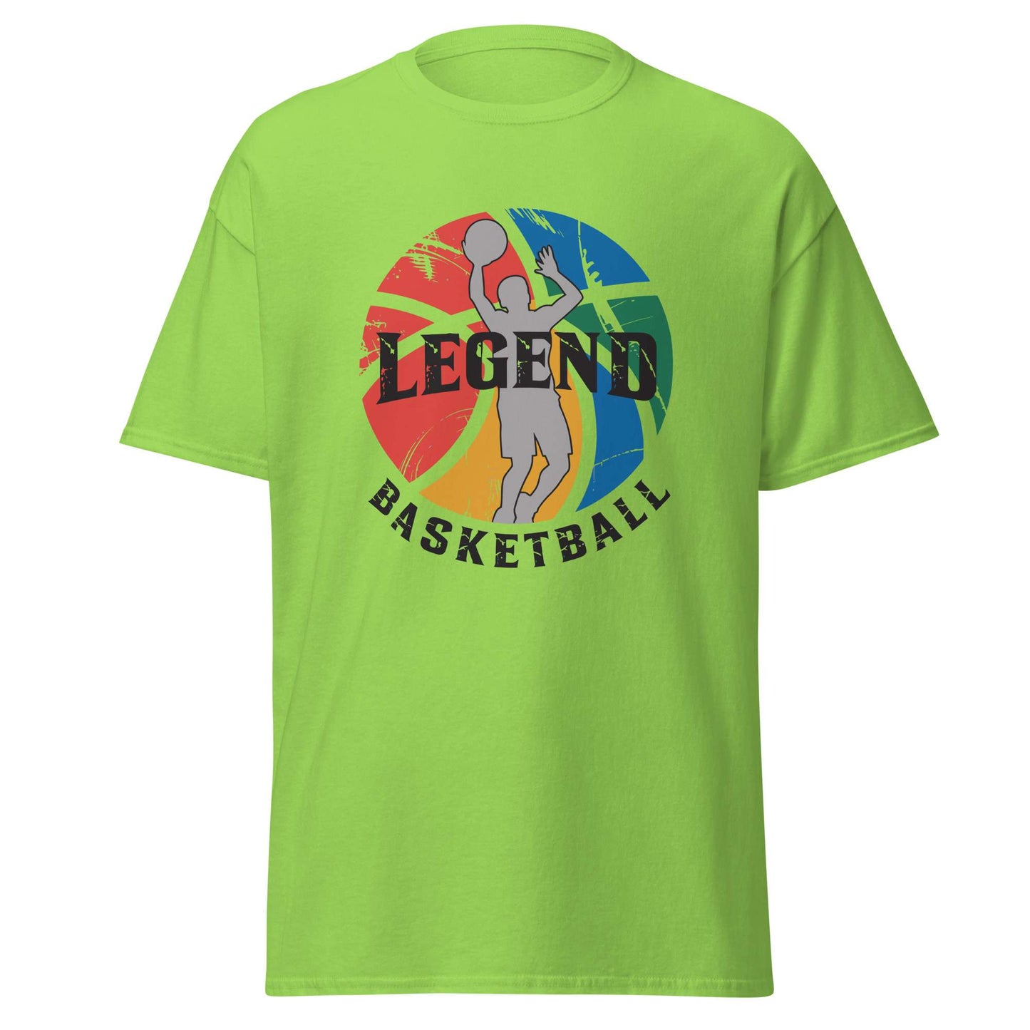 A bright lime green short-sleeve t-shirt with a colorful graphic on the chest featuring a basketball, a silhouette of a player, and the text 'LEGEND BASKETBALL'. 