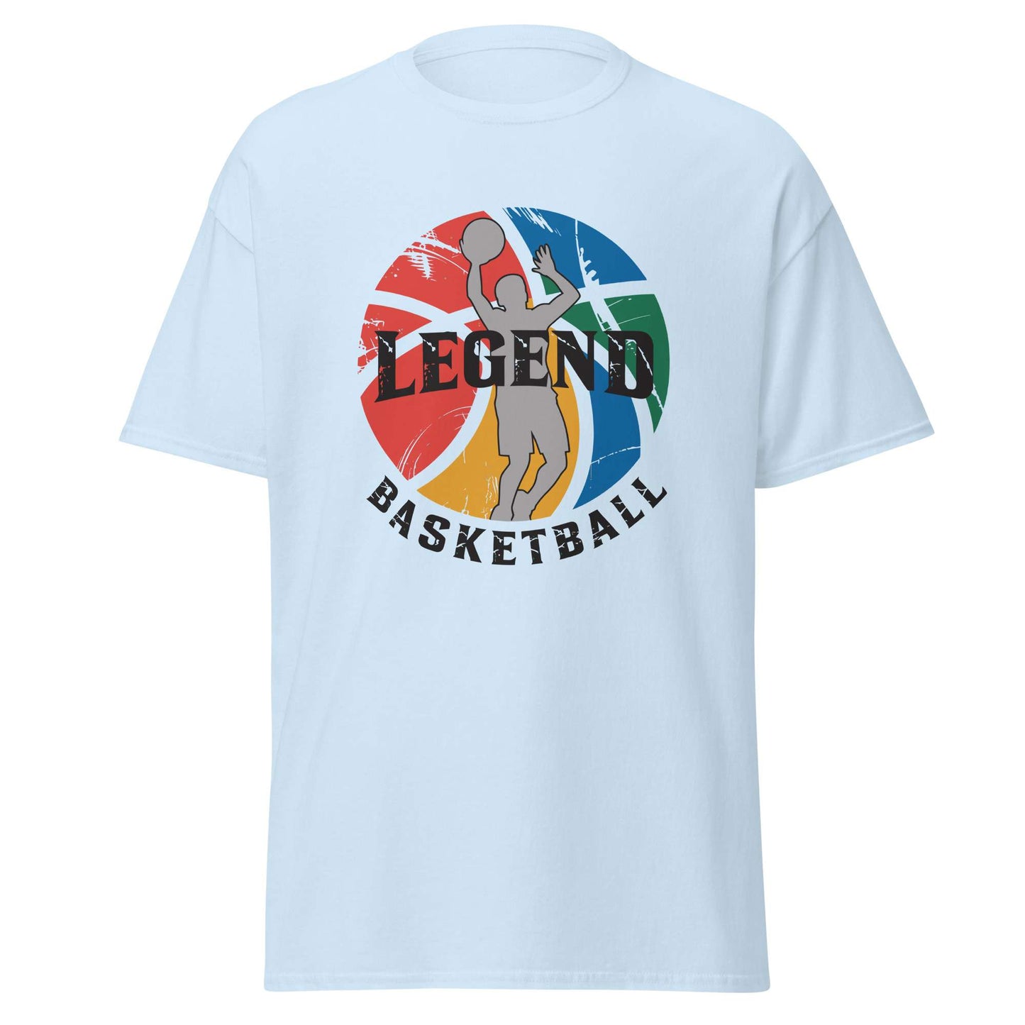 A light blue short-sleeve crewneck t-shirt featuring a circular graphic on the chest with a basketball player silhouette, a multicolored distressed basketball, and the text 'LEGEND BASKETBALL'. Modern Comfortable Legend Basketball Graphic T-Shirt for Casual Outfits