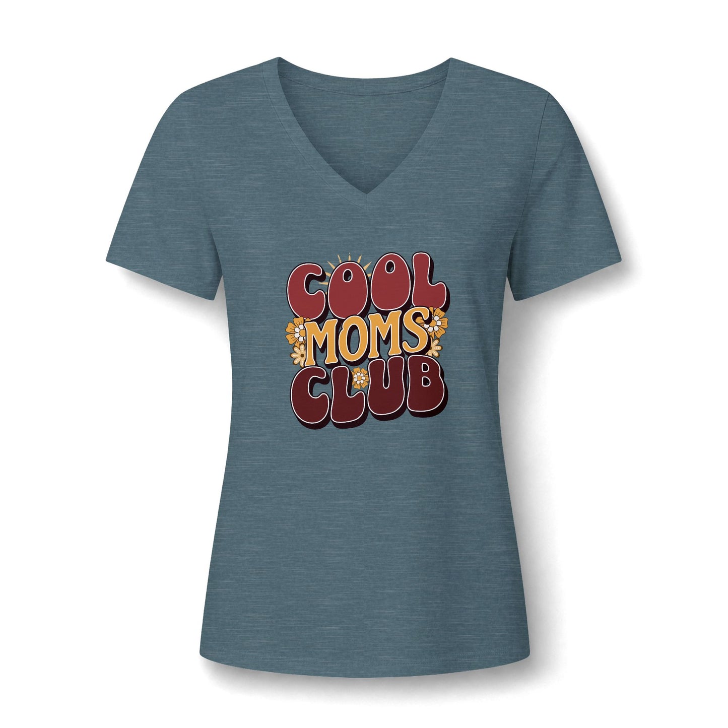 A women's heathered slate blue V-neck t-shirt featuring a retro-style graphic on the chest that reads 'COOL MOMS CLUB' in red and yellow bubble letters with small floral details.