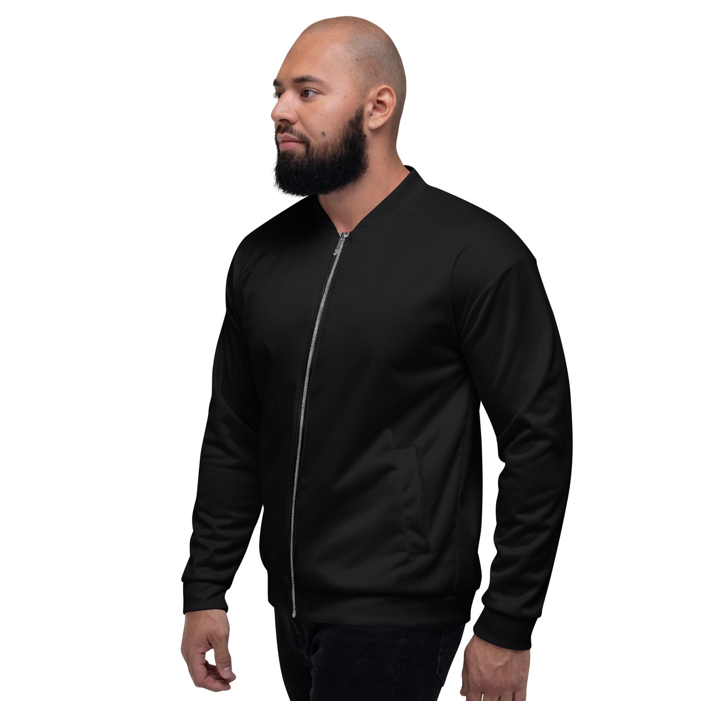 Man wearing a black bomber jacket on a white background Modern Essential Minimalist Solid Black Unisex Bomber Jacket
