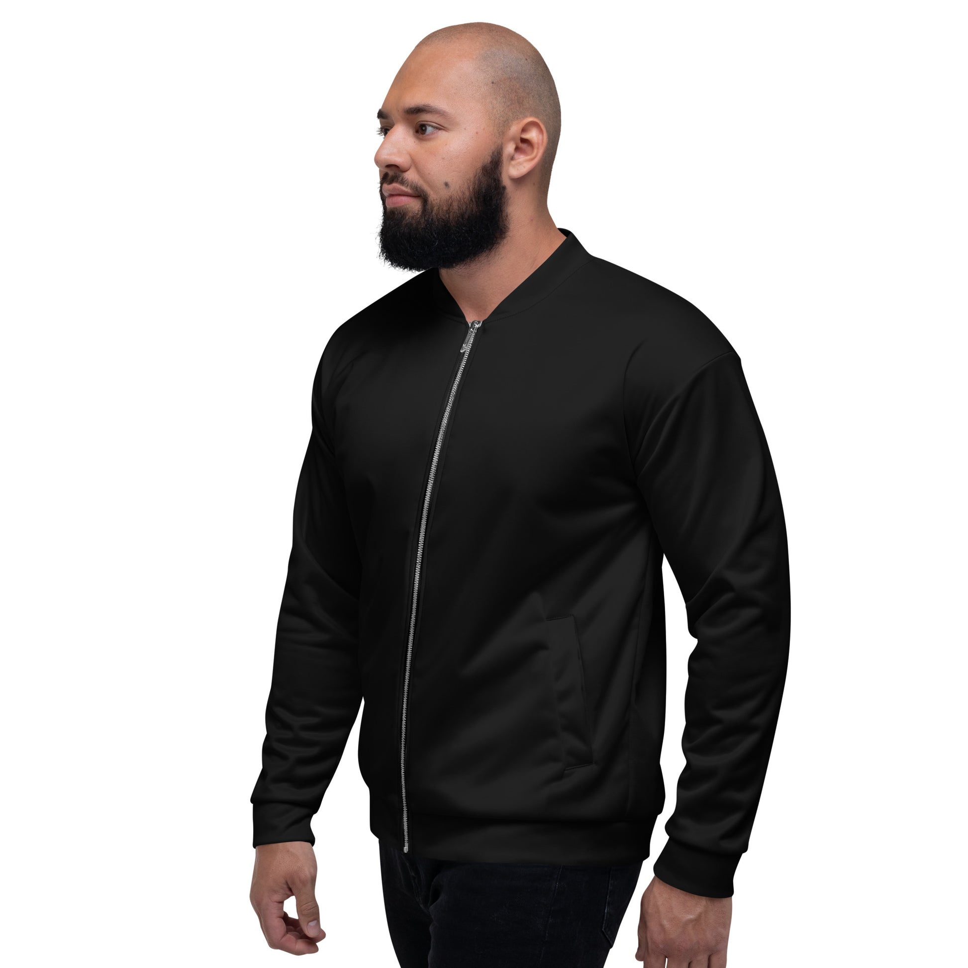 Man wearing a black bomber jacket on a white background Modern Essential Minimalist Solid Black Unisex Bomber Jacket