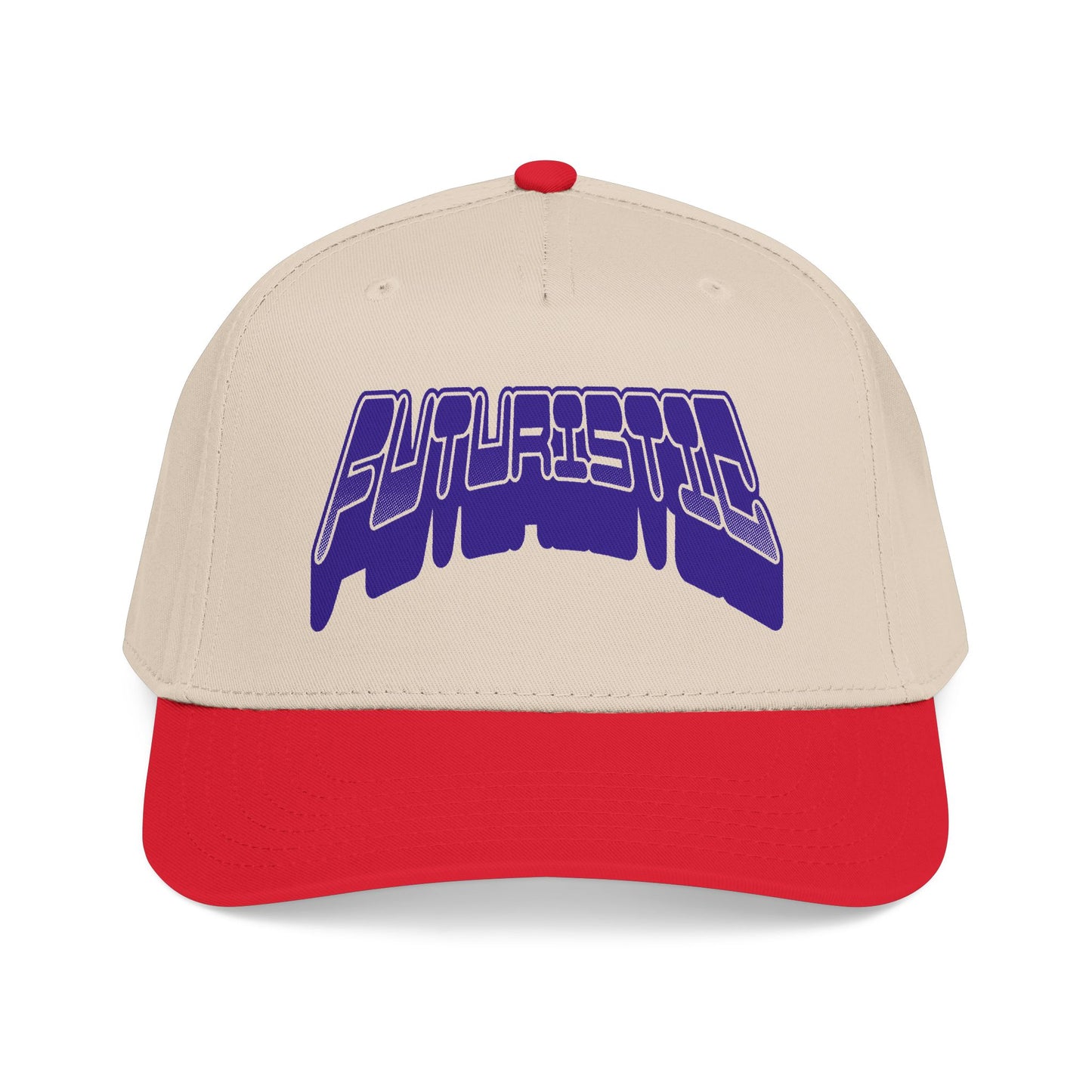 A structured baseball cap with a beige crown, a red curved brim, and a red top button. The front of the cap features a stylized purple and white graphic text reading 'FUTURISTIC'. Modern Futuristic Y2k Streetwear Typography Baseball Cap