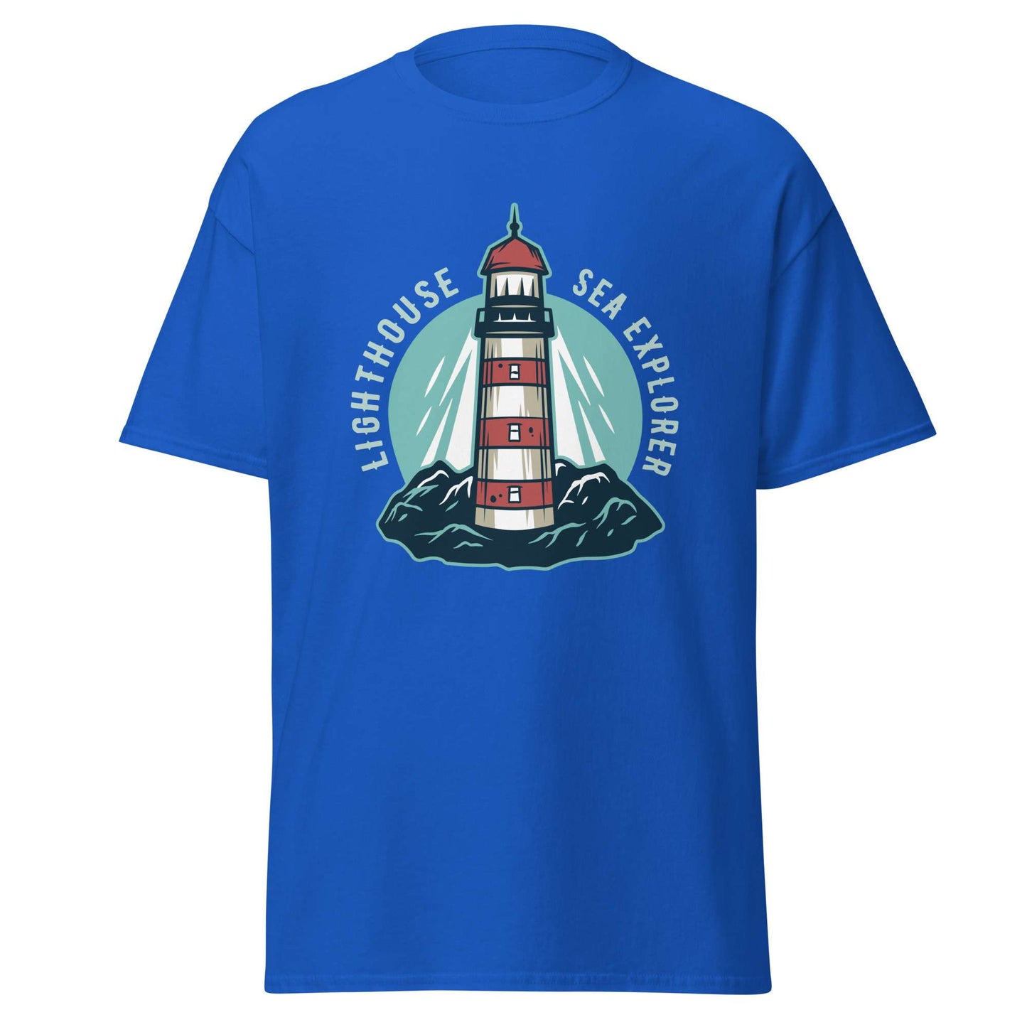 A royal blue short-sleeve crewneck t-shirt featuring a central graphic of a red and white striped lighthouse on dark green rocks, surrounded by a teal circular background with the words 'LIGHTHOUSE SEA EXPLORER' in white. Modern Marine Lighthouse at Mountain Nautical Sea T-Shirt Casual Wear