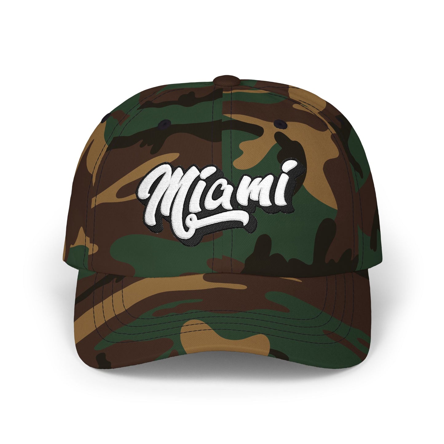 A structured baseball cap in a classic woodland camouflage pattern, featuring the word 'Miami' in a white cursive script with a black outline on the front panel. Modern Minimalist Miami Beach Typography Classic Dad Cap
