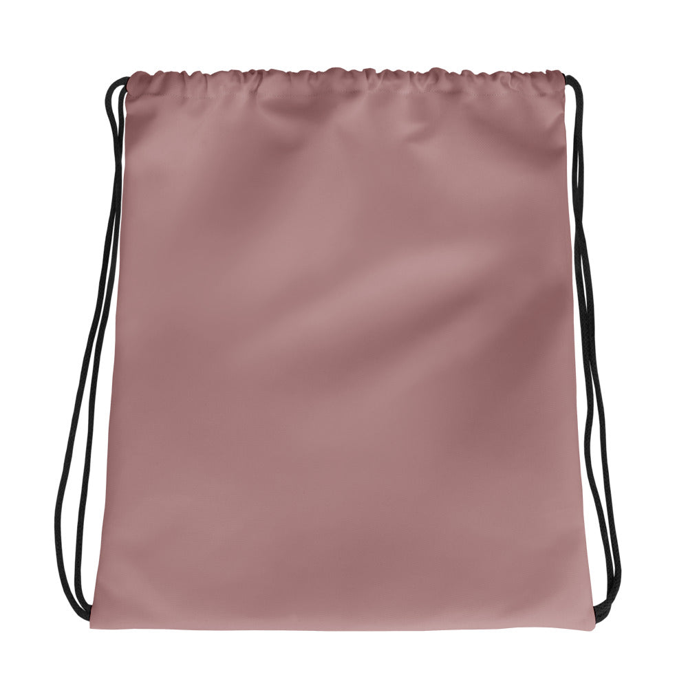 A dusty rose drawstring backpack with black cords, shown flat against a solid white background. Modern Minimalist Solid Rosy Brown Durable Drawstring Bag