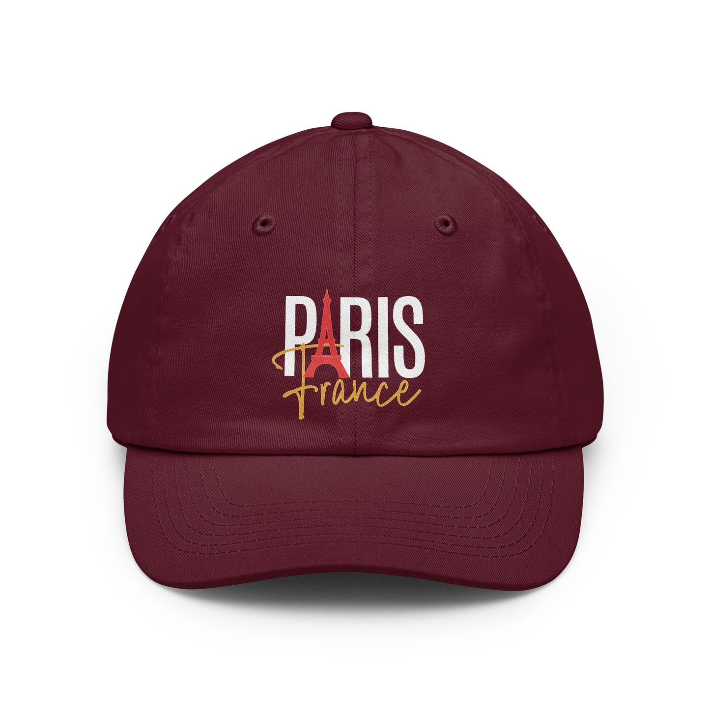 A maroon baseball cap featuring a 'PARIS France' graphic on the front with a white 'PARIS' text, a red Eiffel Tower silhouette, and gold 'France' script, shown against a plain white background. Modern Paris France Typography Dad Hat for Casual Wear