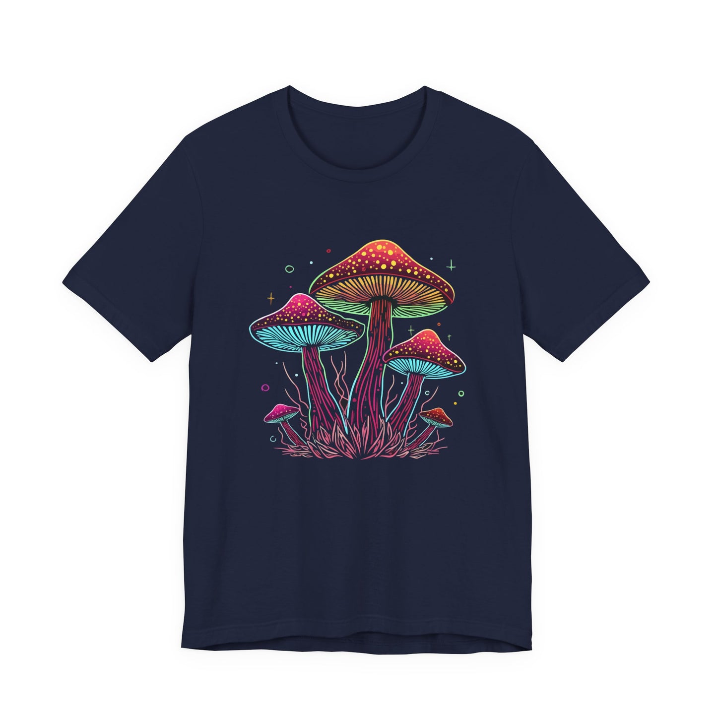 A dark heather gray t-shirt featuring a colorful graphic of glowing mushrooms in pink, purple, and green, displayed on a solid white background. Modern Psychedelic Mushroom Neon Fantasy Fungi T-Shirt Casual Wear