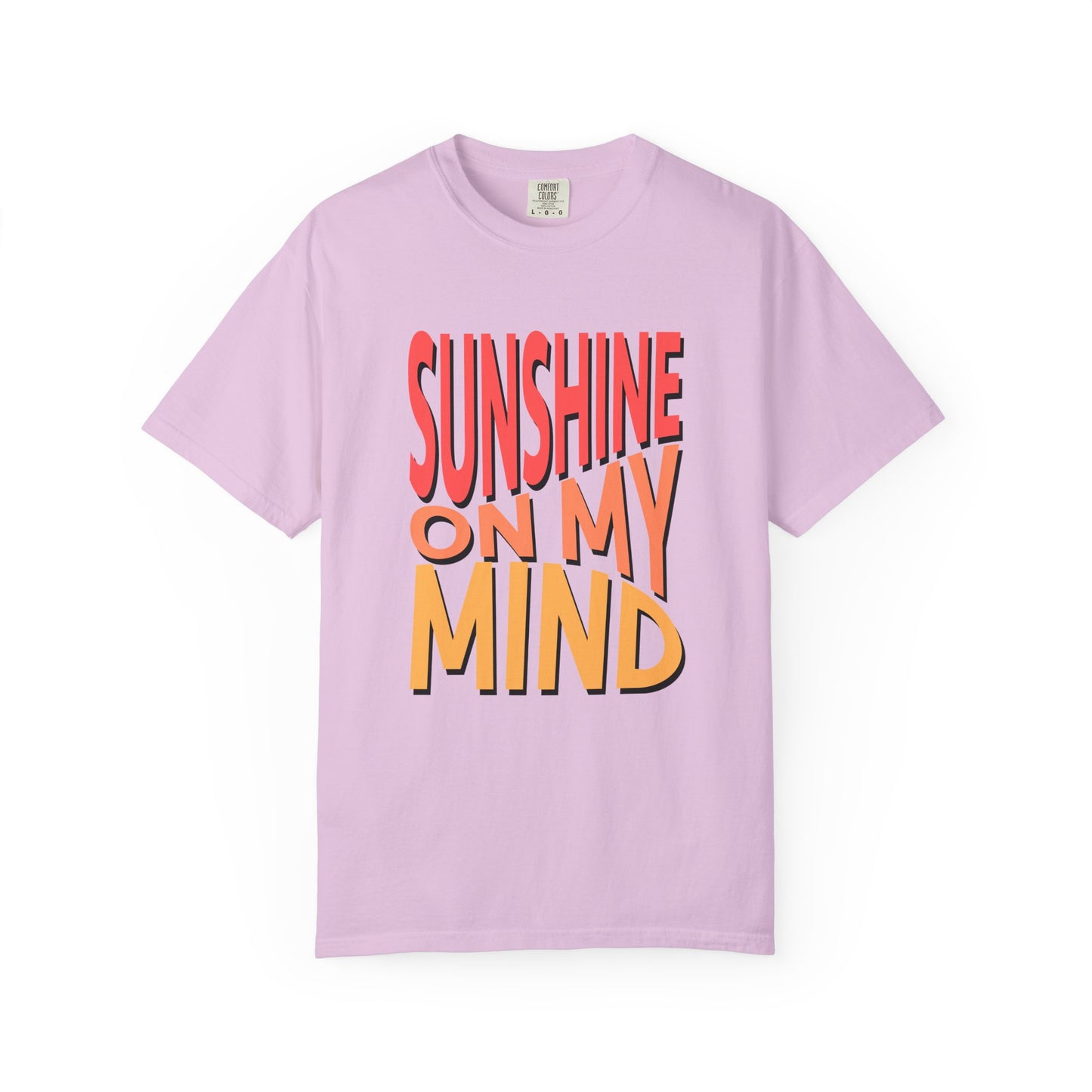 A light purple short-sleeve t-shirt with a retro-style graphic text print reading 'SUNSHINE ON MY MIND' in red, orange, and yellow colors, displayed on a clean white background. Modern Sunshine On My Mind Summer Vibes Graphic T-Shirt for Casual Wear