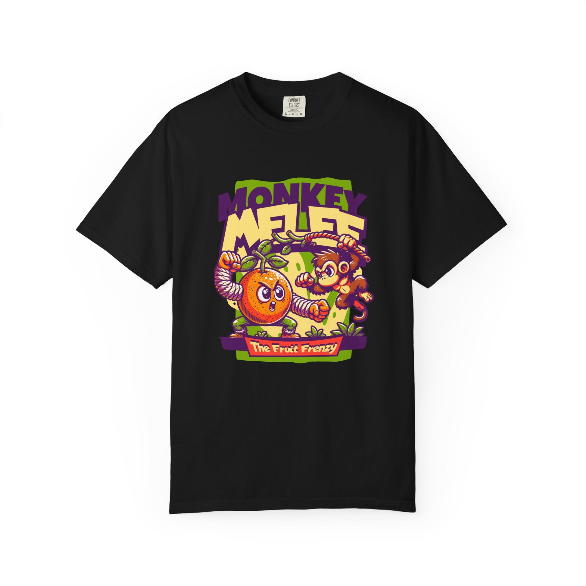 A black short-sleeve crewneck t-shirt featuring a colorful graphic print on the front. The graphic displays the text 'MONKEY MELEE' in stylized purple and yellow lettering, with cartoon illustrations of two monkeys and a jack-o'-lantern. Monkey Mayhem in a Colorful T-Shirt Print