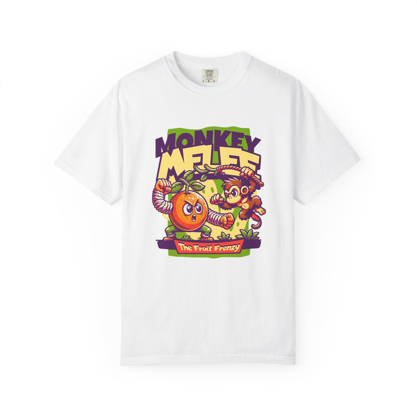 A white short-sleeve crewneck t-shirt featuring a colorful cartoon graphic of two monkeys and the text 'MONKEY MELEE' and 'THE FIRST FRENCHY' on the front. Monkey Melee The Fruit Frenzy Graphic T-Shirt