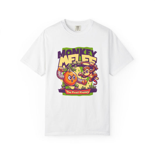 A white short-sleeve crewneck t-shirt featuring a colorful cartoon graphic of two monkeys and the text 'MONKEY MELEE' and 'THE FIRST FRENCHY' on the front. Monkey Melee The Fruit Frenzy Graphic T-Shirt