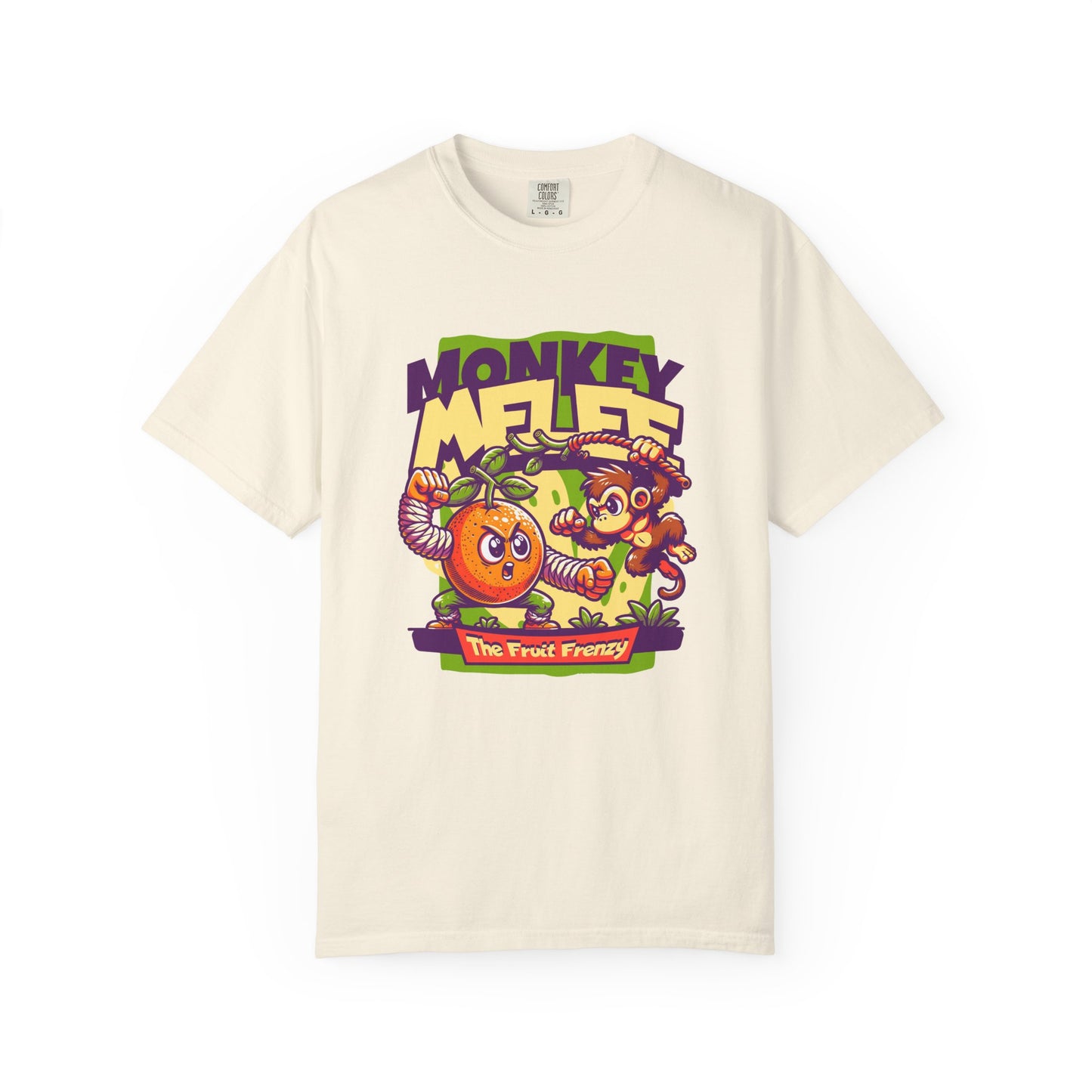 An off-white short-sleeve t-shirt with a colorful graphic print on the front featuring cartoon characters and the text 'MONKEY MELEE' and 'The Fruit Frenzy'. Monkey Melee The Fruit Frenzy Graphic T-Shirt for Casual Wear