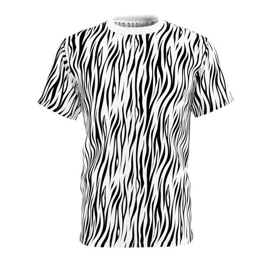 A short-sleeve crewneck t-shirt featuring a bold black and white zebra print pattern, displayed on a clean white background. Monochrome Zebra Print T-Shirt for Casual Wear