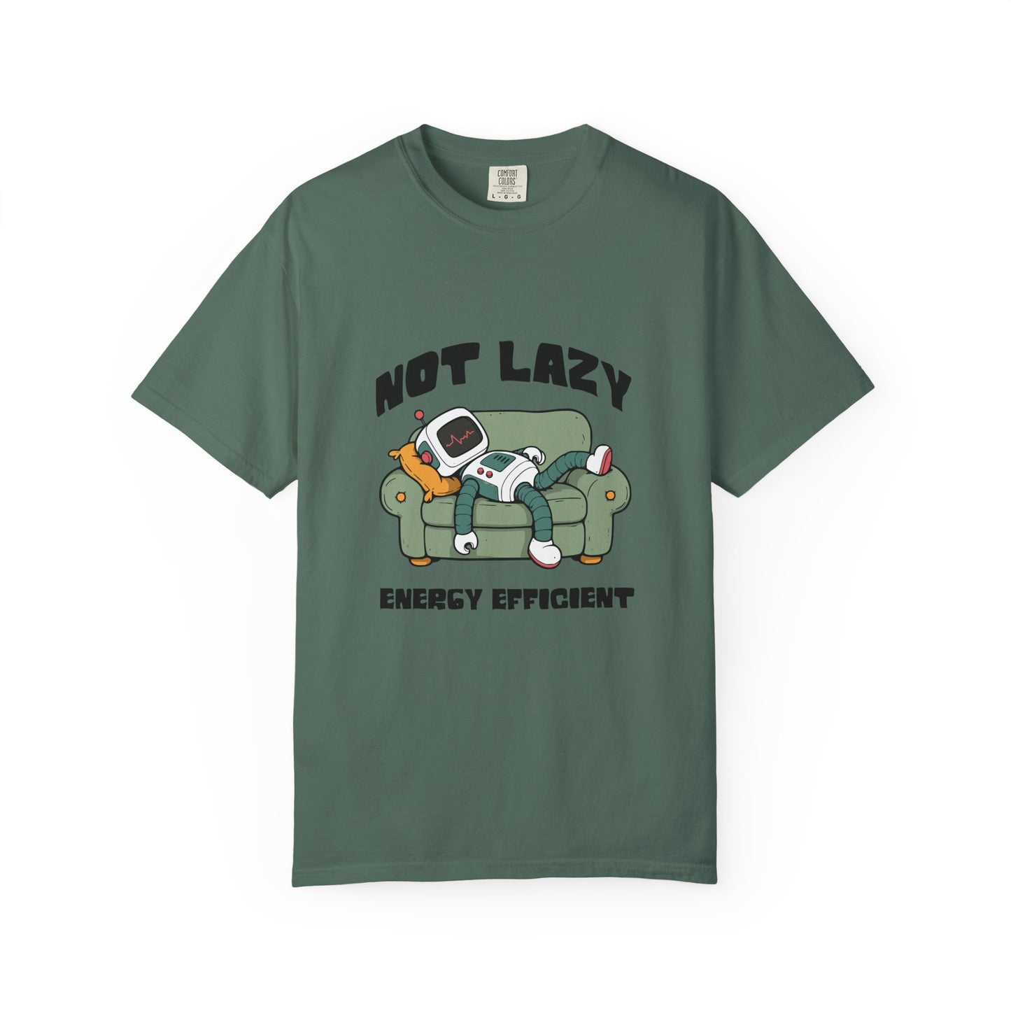 A dark green crewneck t-shirt featuring a cartoon graphic of a person lounging on a couch with a retro computer, with the text 'NOT LAZY ENERGY EFFICIENT' printed around the illustration.