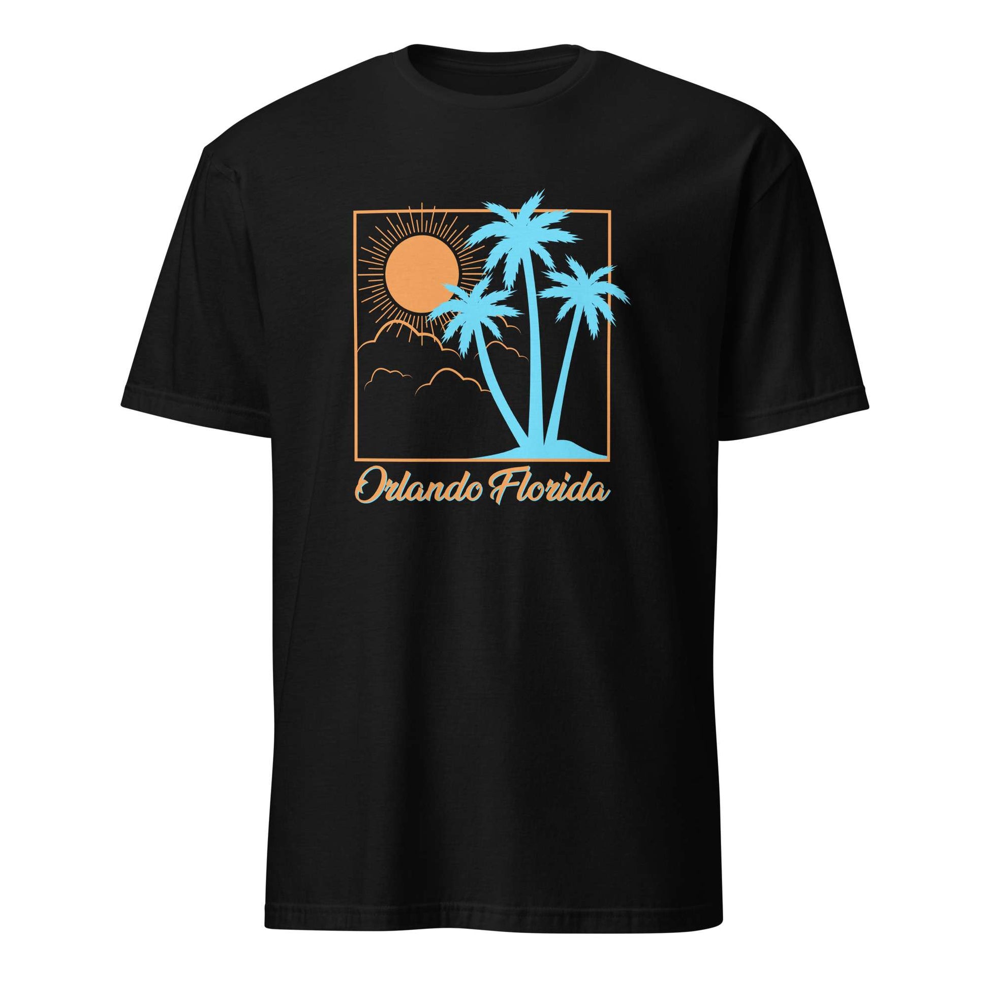 A black short-sleeve crewneck t-shirt featuring a retro-style graphic of palm trees, a sun, and the text 'Orlando Florida' on the front, displayed against a solid white background. Orlando Florida Summer Sun Beach Graphic T-Shirt Casual Wear