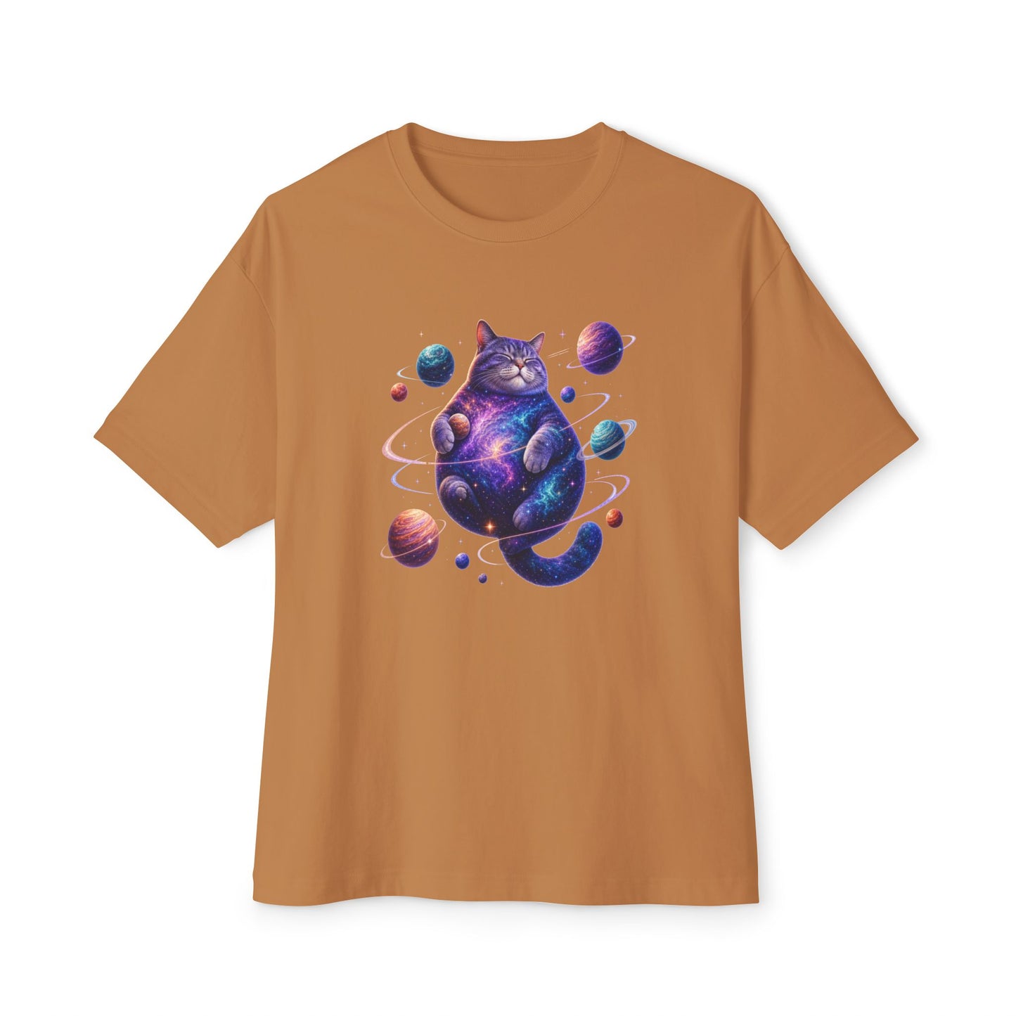 A short-sleeve crewneck t-shirt in a warm ochre-brown color, featuring a colorful graphic print of a cosmic cat surrounded by planets on the chest, set against a plain white background. Out-of-This-World Funny Cosmic Cat Unisex Oversized Boxy T-Shirt Casual Wear