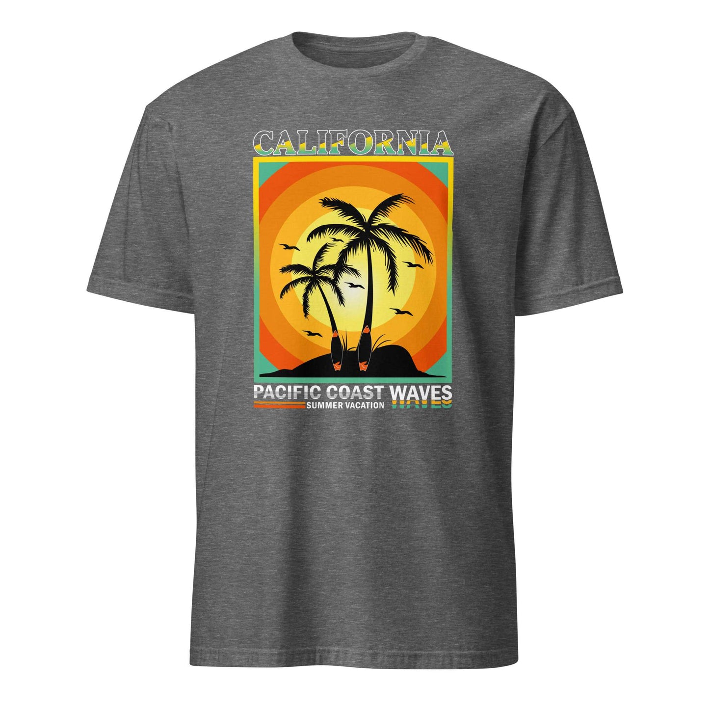 A dark heather gray t-shirt with a retro-style graphic on the chest featuring a sunset, palm trees, and the text 'CALIFORNIA PACIFIC COAST WAVES' in a vintage travel poster design. Pacific Coast Sunset Scene T-Shirt for Beach Lovers