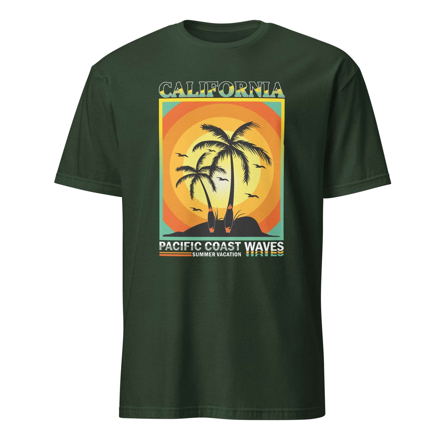 A dark green short-sleeve t-shirt with a retro-style graphic on the chest depicting two palm trees, surfboards, and a sunset over an island, with the text 'CALIFORNIA' and 'PACIFIC COAST WAVES'. Pacific Coast Sunset Wave Scene T-Shirt for California