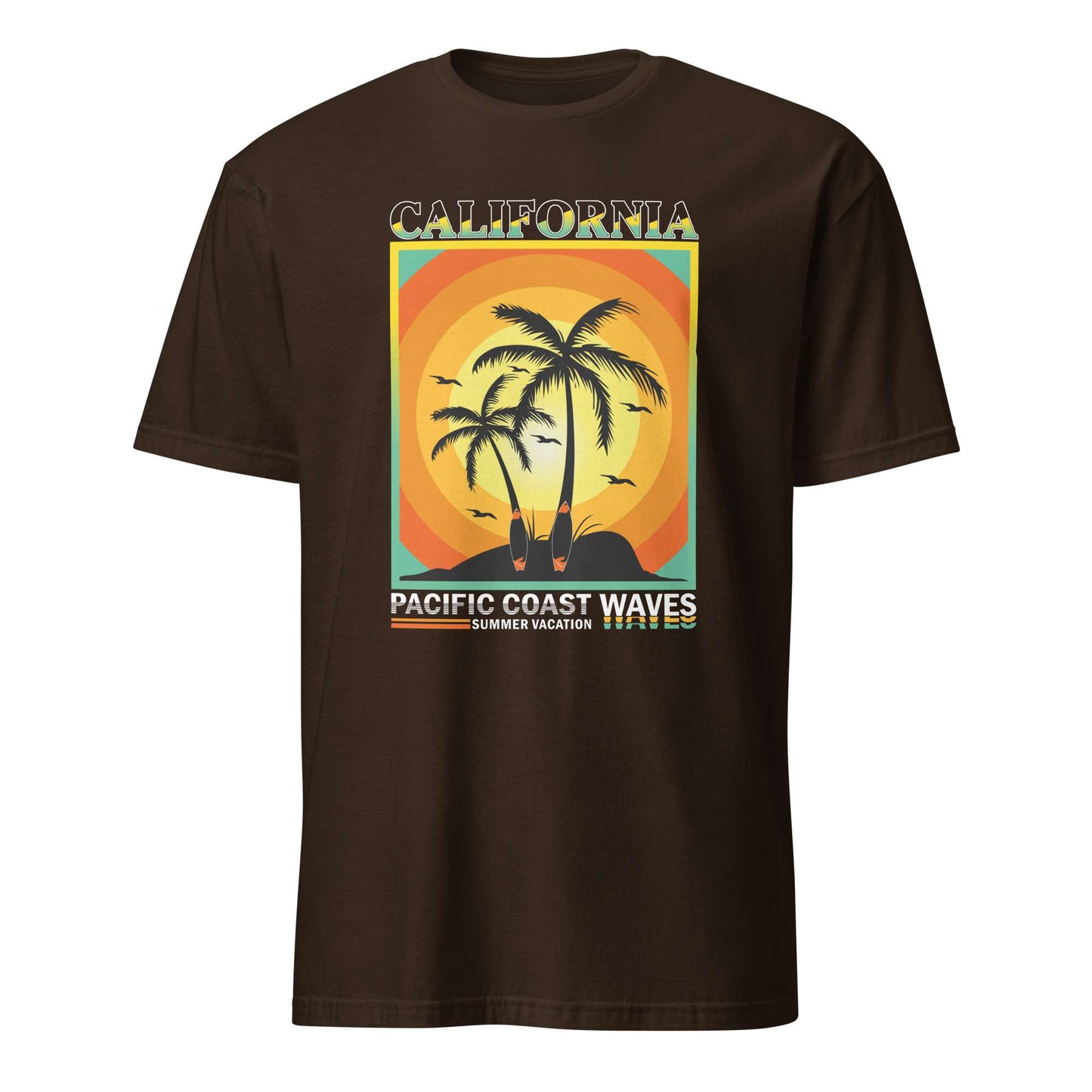 A dark brown short-sleeve t-shirt with a retro-style graphic on the chest depicting a sunset over a California beach with palm trees and surfboards, and the text 'CALIFORNIA PACIFIC COAST WAVES SUMMER SOLIDARITY'. Pacific Coast Waves at Sunset California T-Shirt