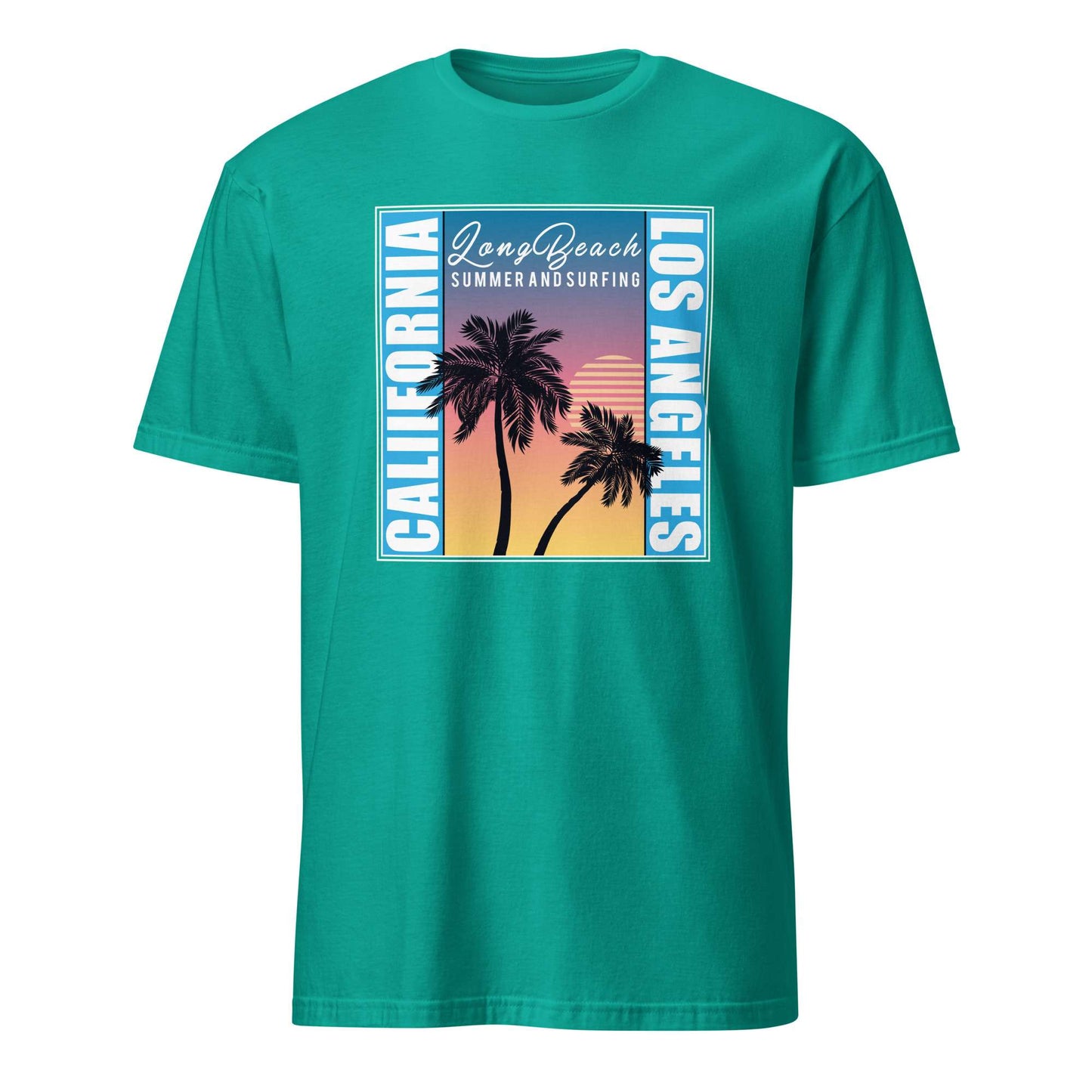 A teal green short-sleeve t-shirt with a retro-style graphic on the chest featuring palm trees, a sunset gradient, and the text 'Long Beach Summer and Surfing' and 'Los Angeles'. Palm Tree Sunset T-Shirt Inspired by Los Angeles