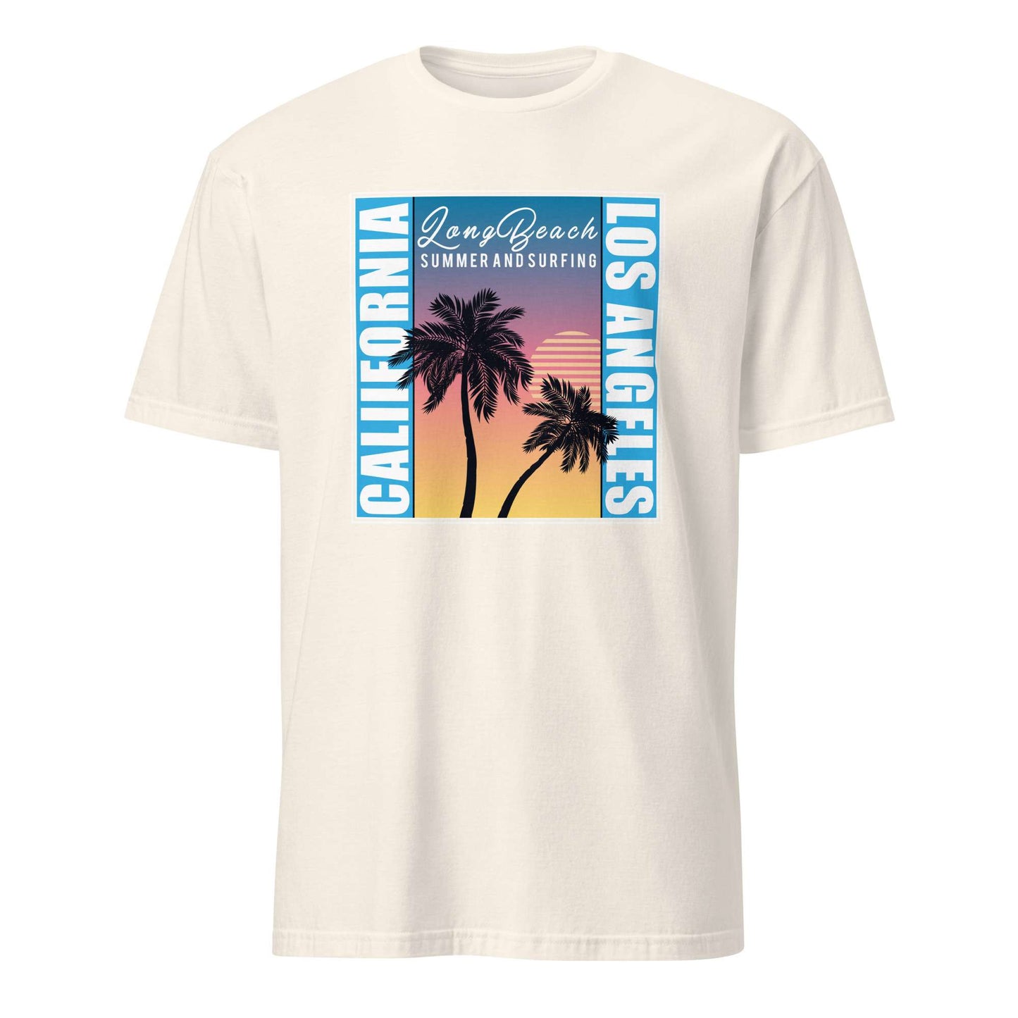 An off-white short-sleeve crewneck t-shirt featuring a colorful graphic print on the front with palm tree silhouettes, a sunset gradient, and the text 'Long Beach Summer and Surfing' and 'Los Angeles'. Palm Trees at Sunset Los Angeles T-Shirt Design
