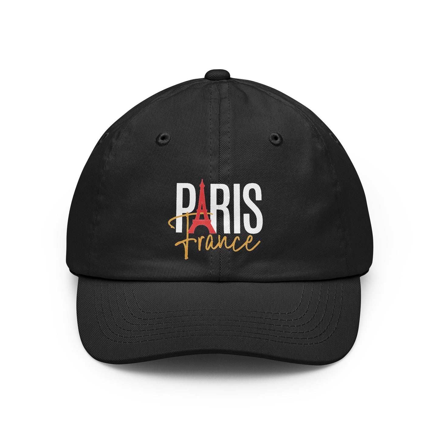 A black baseball cap featuring a Paris-themed graphic on the front with the word 'PARIS' in white, a red Eiffel Tower silhouette, and 'France' in gold script. Paris France Typography Dad Hat for Casual Wear