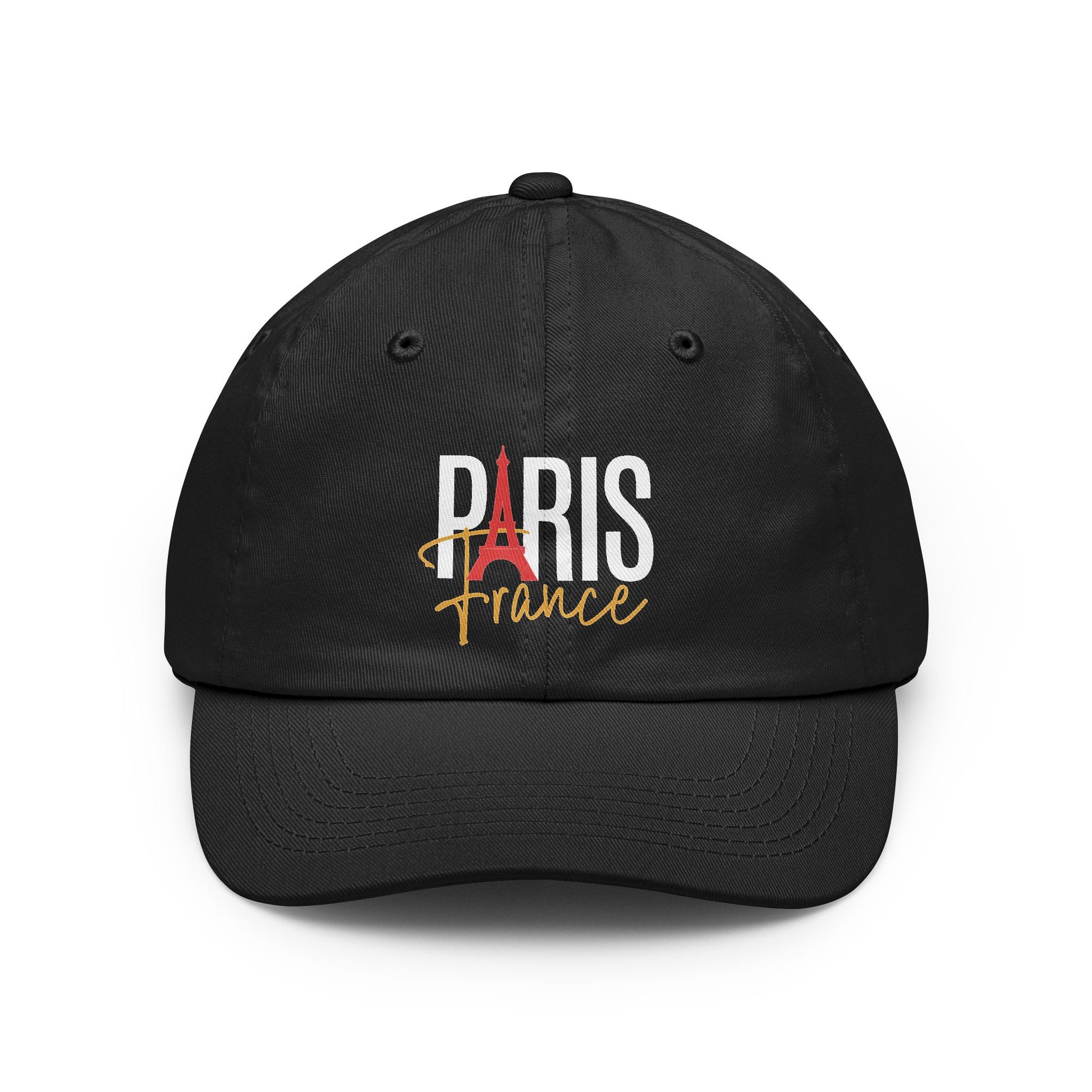 A black baseball cap featuring a Paris-themed graphic on the front with the word 'PARIS' in white, a red Eiffel Tower silhouette, and 'France' in gold script. Paris France Typography Dad Hat for Casual Wear