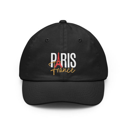 A black baseball cap featuring a Paris-themed graphic on the front with the word 'PARIS' in white, a red Eiffel Tower silhouette, and 'France' in gold script. Paris France Typography Dad Hat for Casual Wear