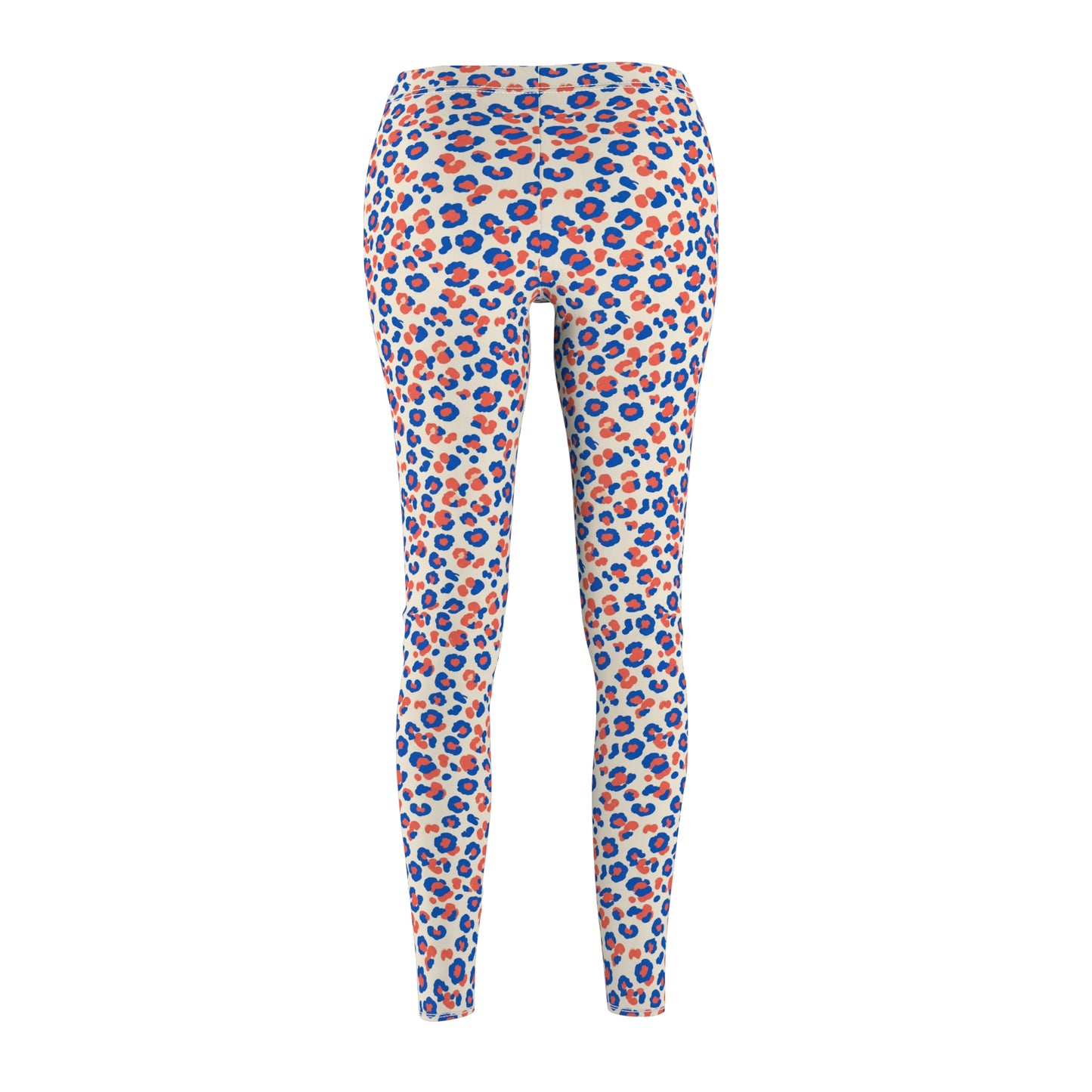 High-waisted leggings with an all-over leopard print pattern in blue, orange, and beige on a white background. Playful Colorful Pastel Leopard Print Leggings Casual Wear