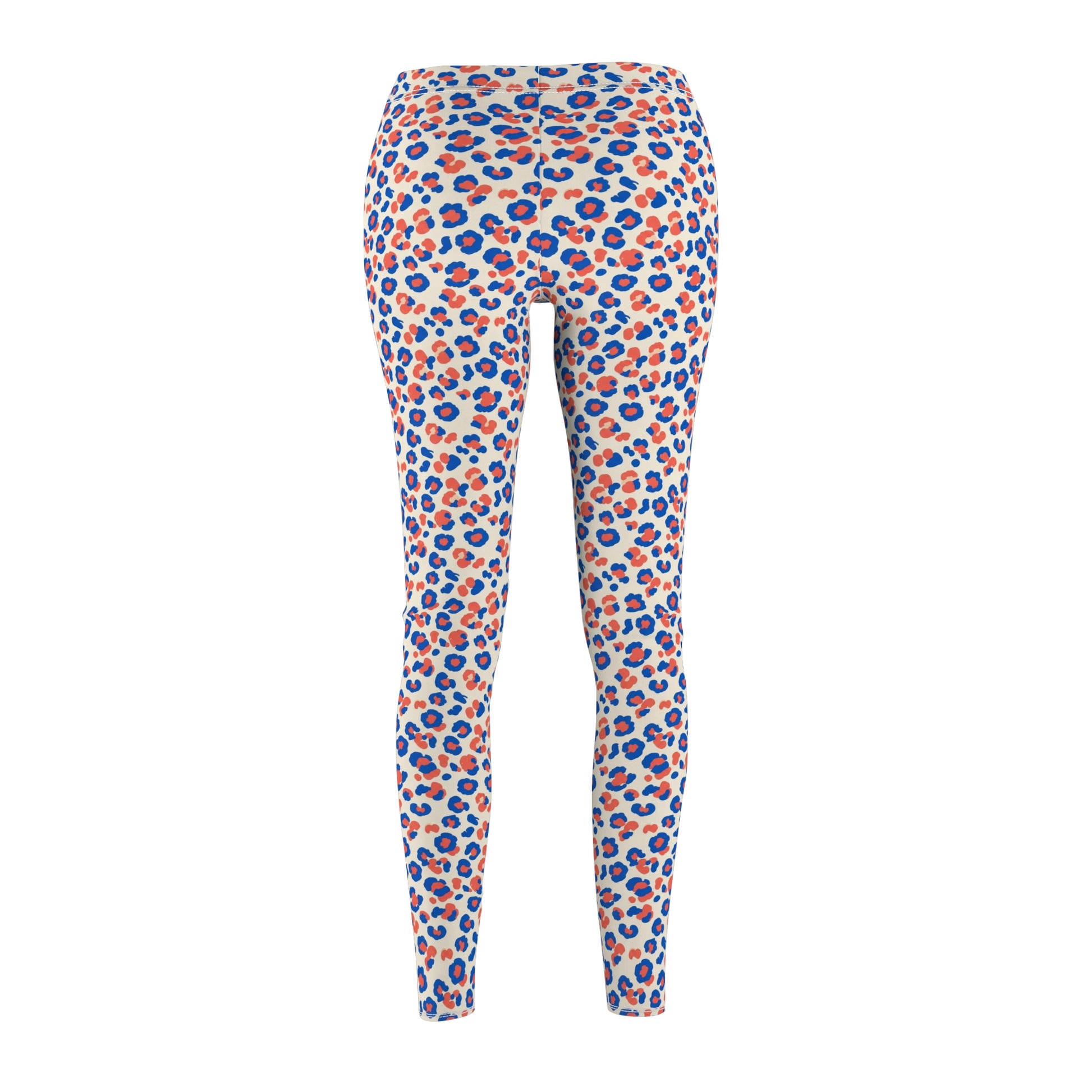 High-waisted leggings with an all-over leopard print pattern in blue, orange, and beige on a white background. Playful Colorful Pastel Leopard Print Leggings Casual Wear