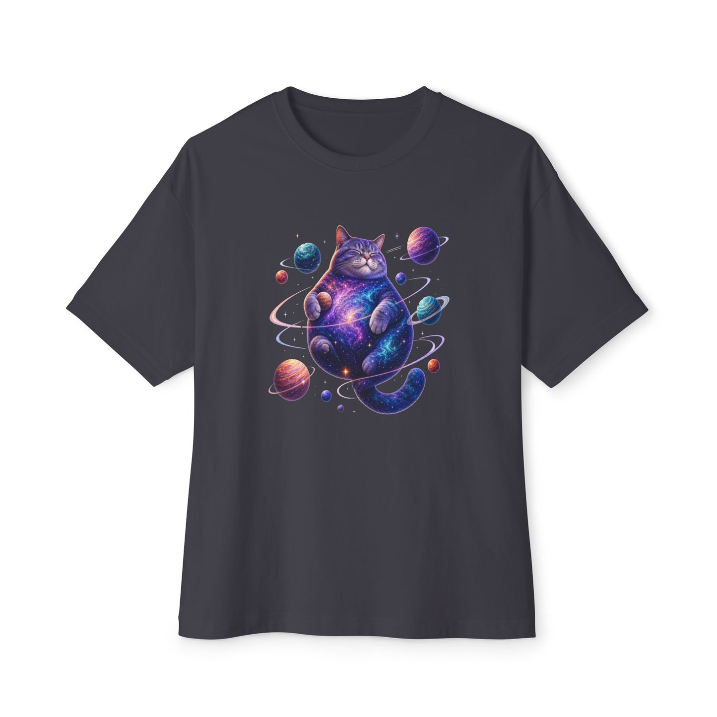 A dark charcoal gray short-sleeve t-shirt with a colorful graphic of a cosmic, galaxy-patterned cat sitting among planets, displayed on a clean white background. Playful Funny Cosmic Cat Unisex Oversized Boxy T-Shirt Casual Wear