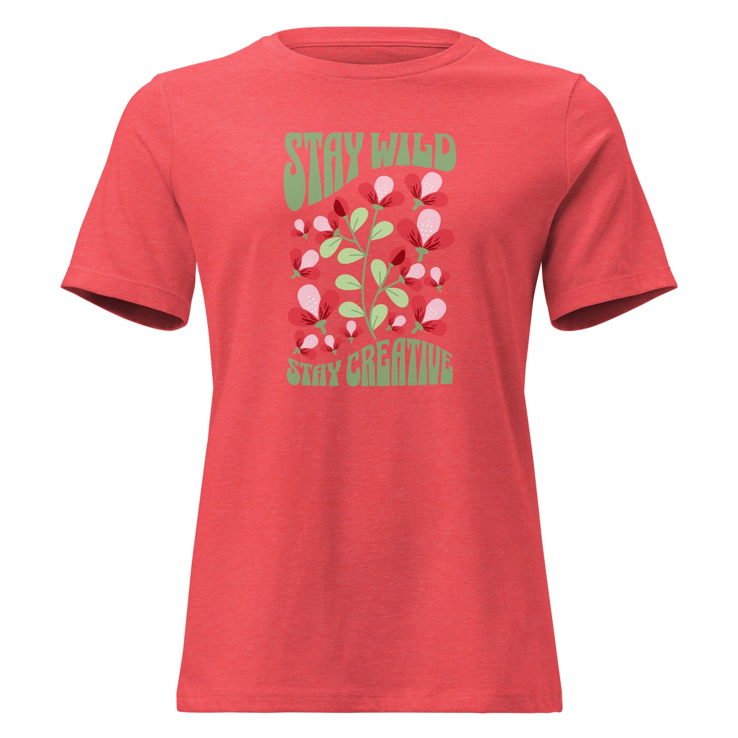 A coral red short-sleeve t-shirt with a retro graphic on the chest featuring pink flowers, green leaves, and the text 'STAY WILD' and 'STAY CREATIVE' in green. Playful Stay Wild Stay Creative Women's Relaxed T-Shirt Casual Wear