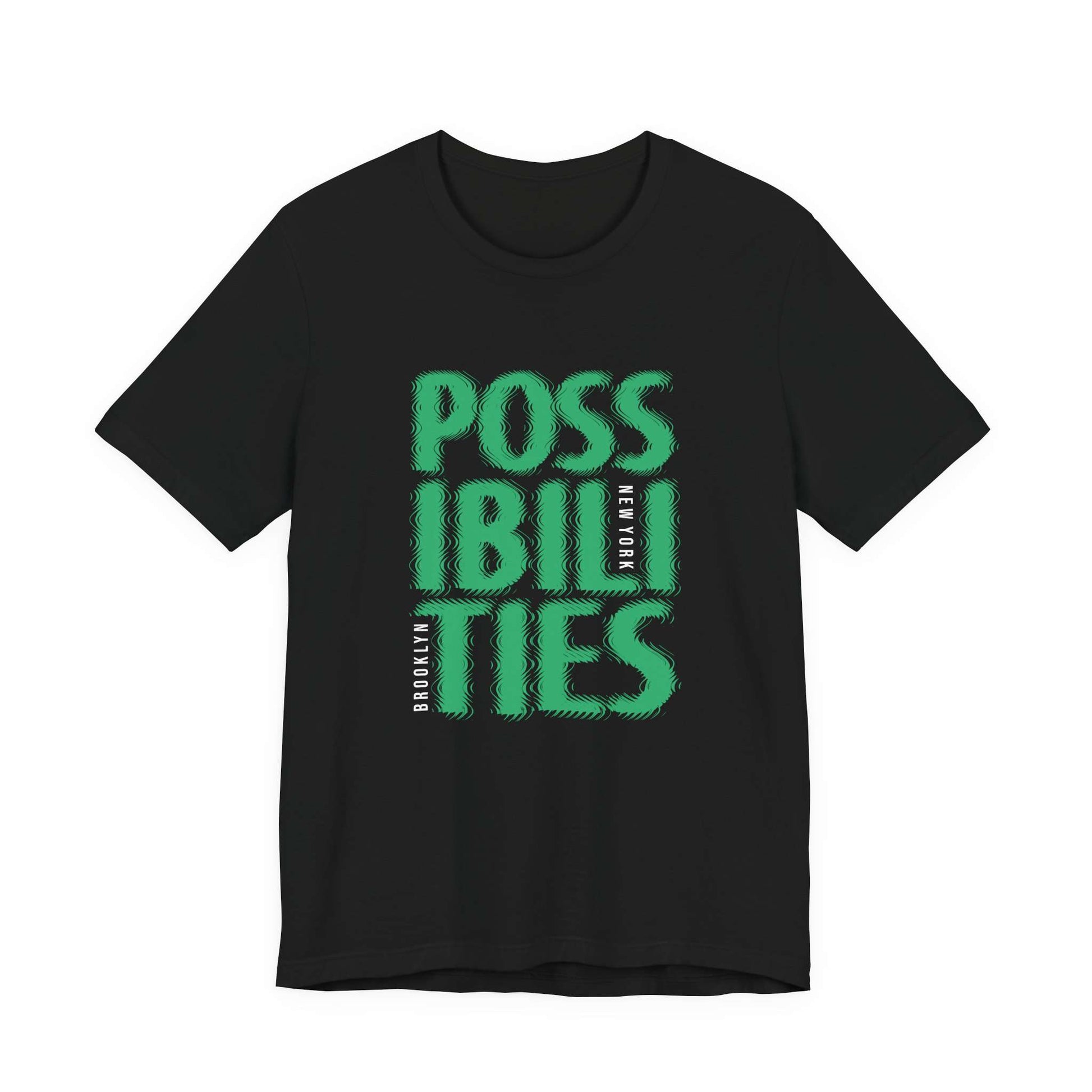 A black short-sleeve crewneck t-shirt featuring a bold green graphic print on the front that reads 'POSSIBILITIES' with 'BROOKLINE' and 'NEW YORK' printed vertically in white. Possibilities New York City Brooklyn T-Shirt Casual Wear