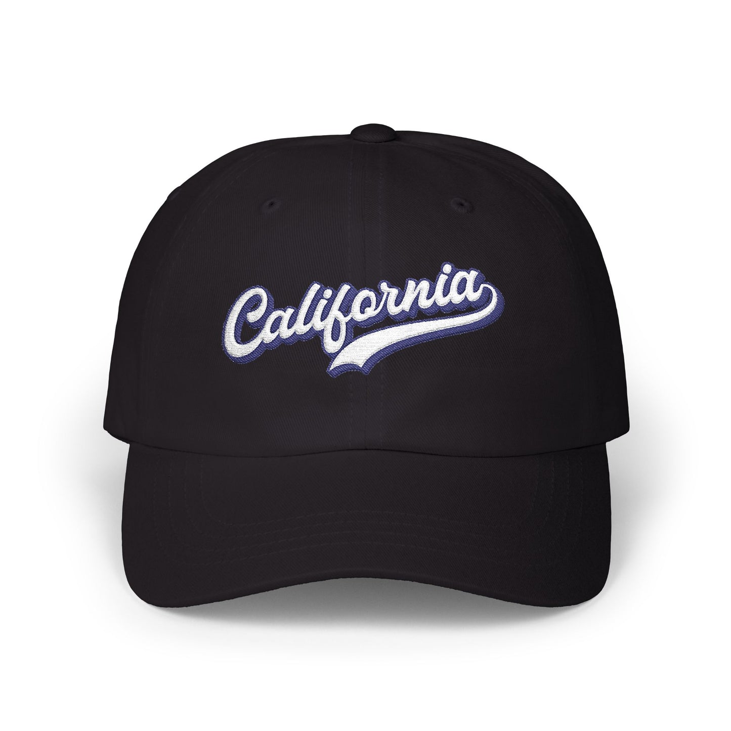 A black baseball cap featuring 'California' embroidered in white script with a blue outline on the front, set against a plain white background. Premium California Typography Embroidered Classic Dad Cap
